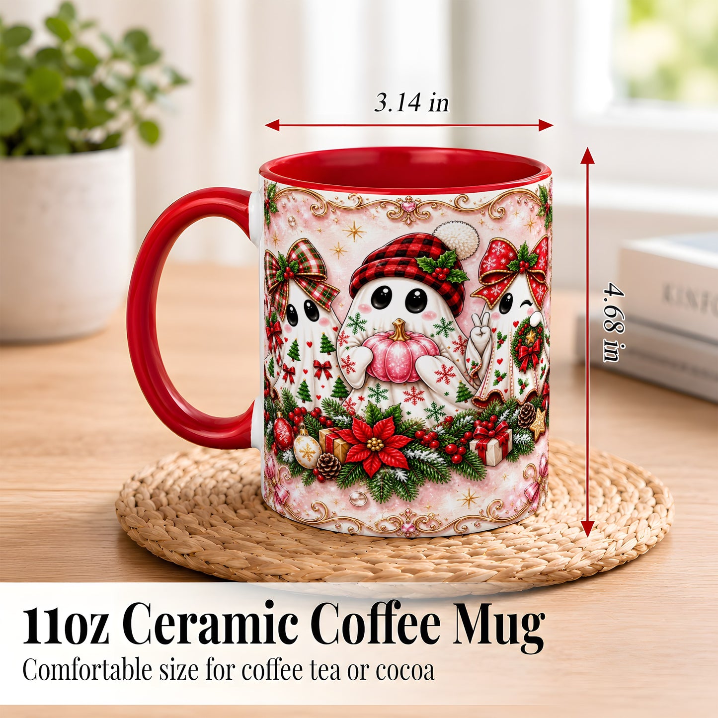 #pl[11oz|Red] Pink Christmas Ghost Coffee Mug, Holiday Ghost Mug, Ceramic Cup