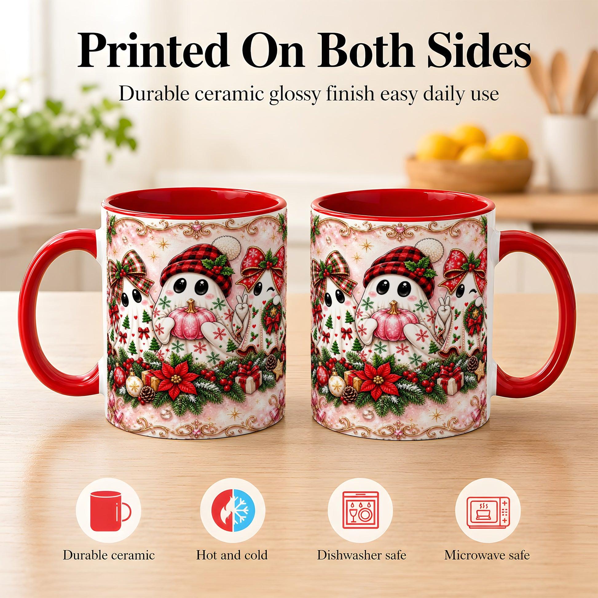 #pl[11oz|Red] Pink Christmas Ghost Coffee Mug, Holiday Ghost Mug, Ceramic Cup