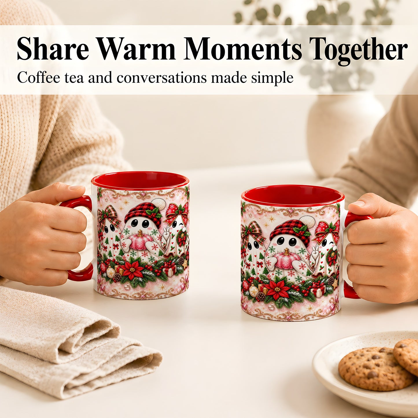 #pl[11oz|Red] Pink Christmas Ghost Coffee Mug, Holiday Ghost Mug, Ceramic Cup