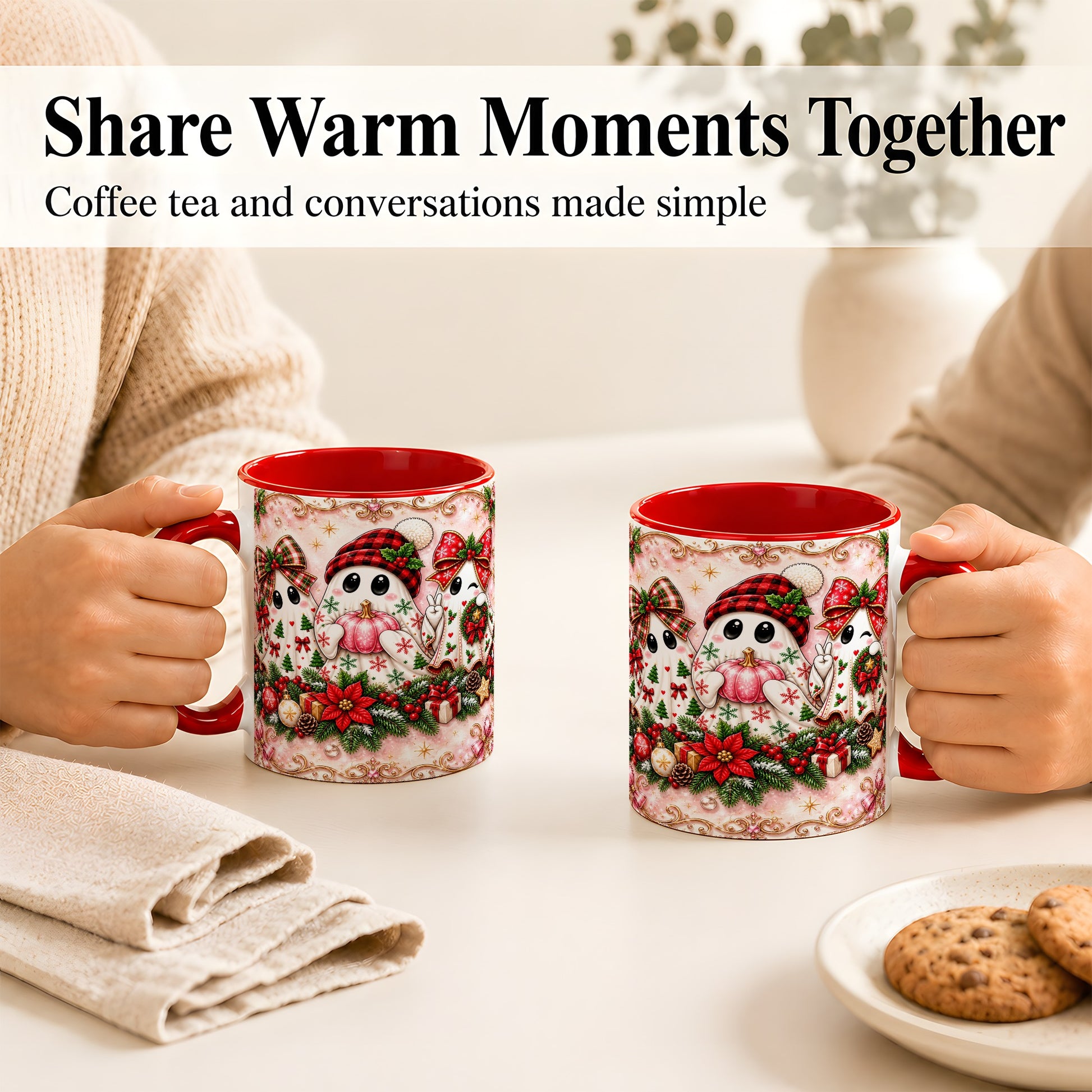 #pl[11oz|Red] Pink Christmas Ghost Coffee Mug, Holiday Ghost Mug, Ceramic Cup