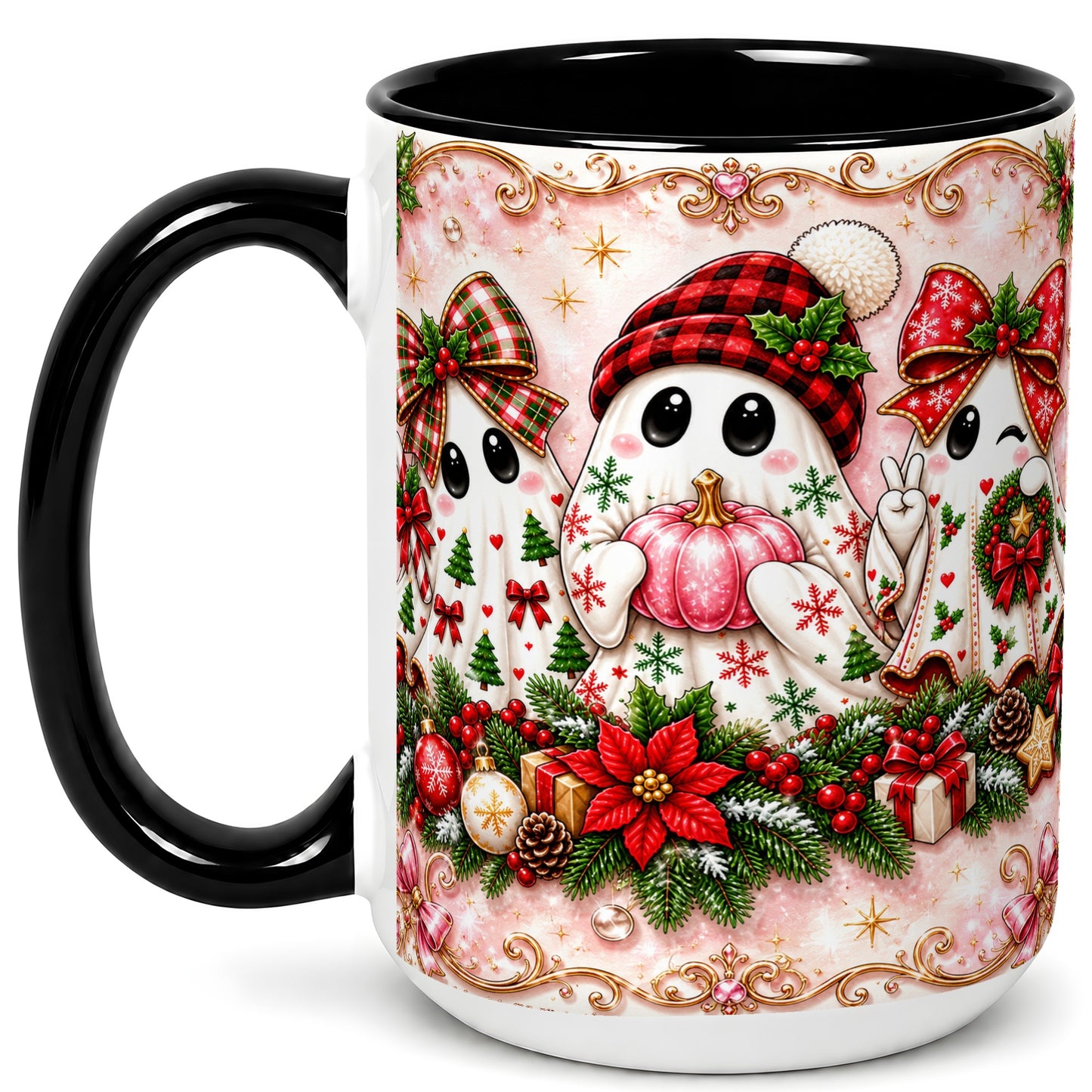 #pl[15oz|Black] Pink Christmas Ghost Coffee Mug, Holiday Ghost Mug, Ceramic Cup