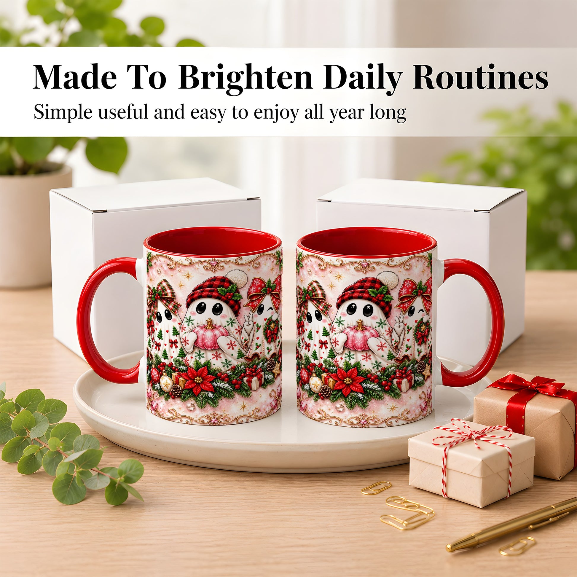 #pl[11oz|Red] Pink Christmas Ghost Coffee Mug, Holiday Ghost Mug, Ceramic Cup