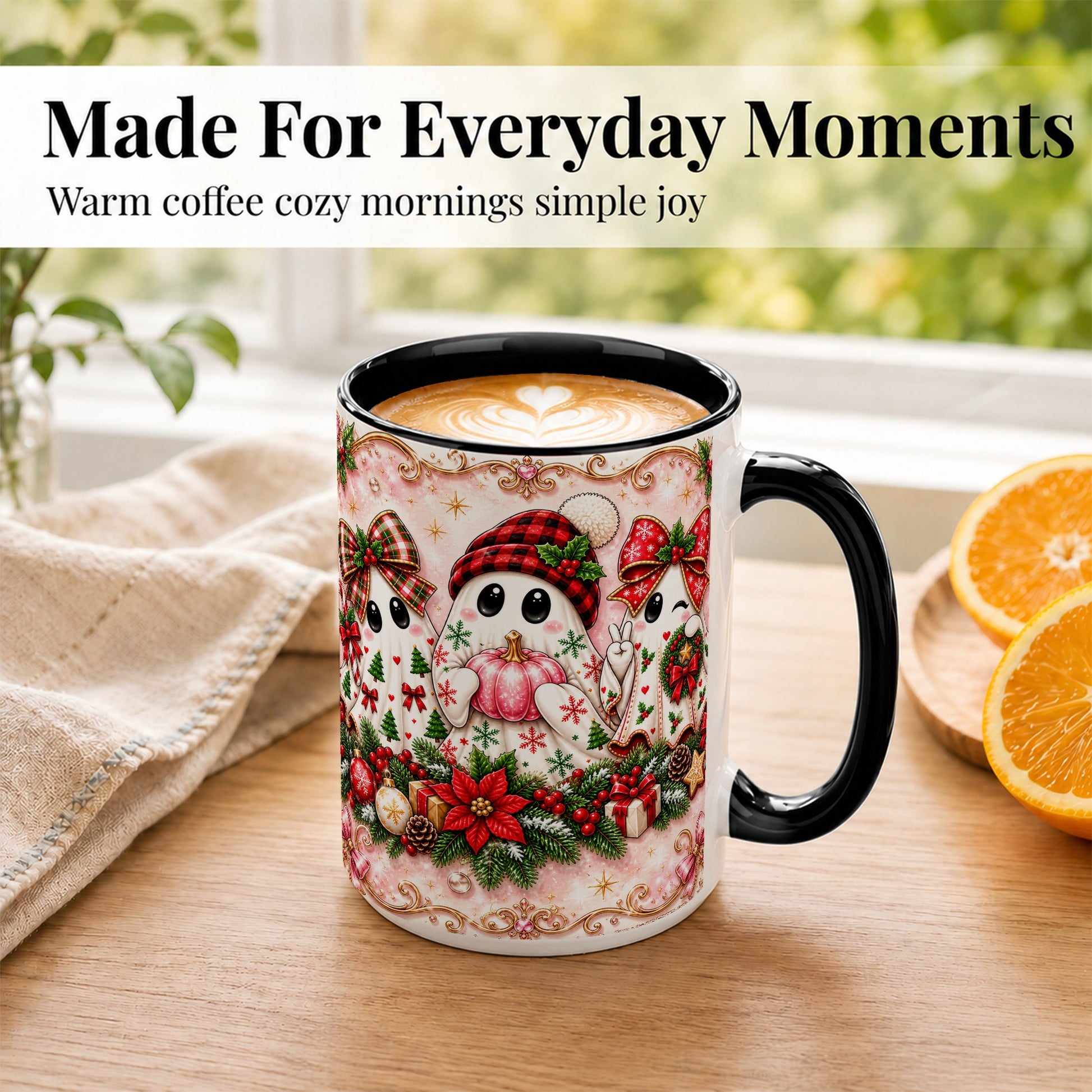 #pl[15oz|Black] Pink Christmas Ghost Coffee Mug, Holiday Ghost Mug, Ceramic Cup