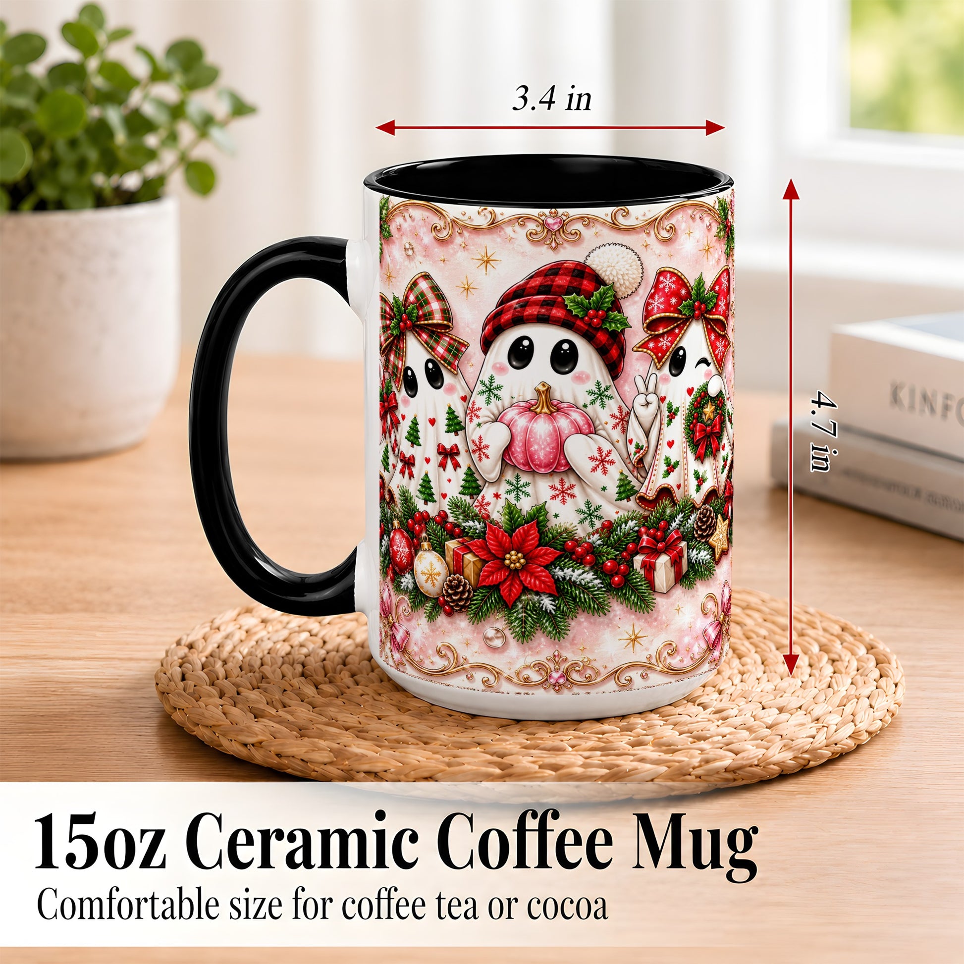 #pl[15oz|Black] Pink Christmas Ghost Coffee Mug, Holiday Ghost Mug, Ceramic Cup