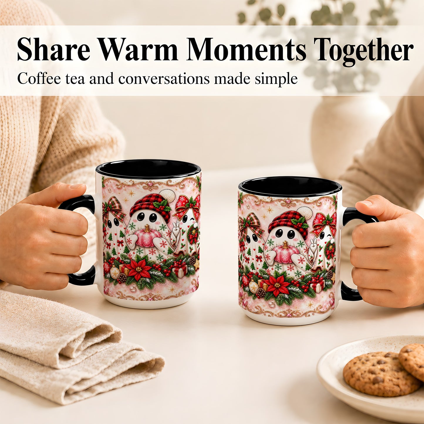 #pl[15oz|Black] Pink Christmas Ghost Coffee Mug, Holiday Ghost Mug, Ceramic Cup