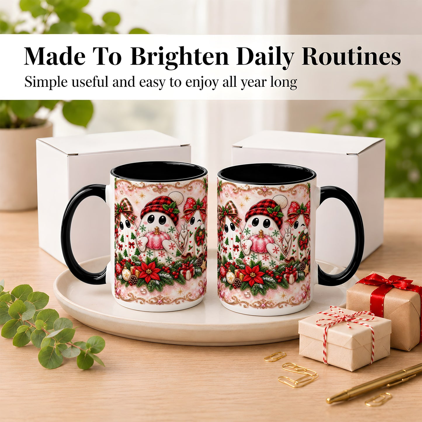 #pl[15oz|Black] Pink Christmas Ghost Coffee Mug, Holiday Ghost Mug, Ceramic Cup
