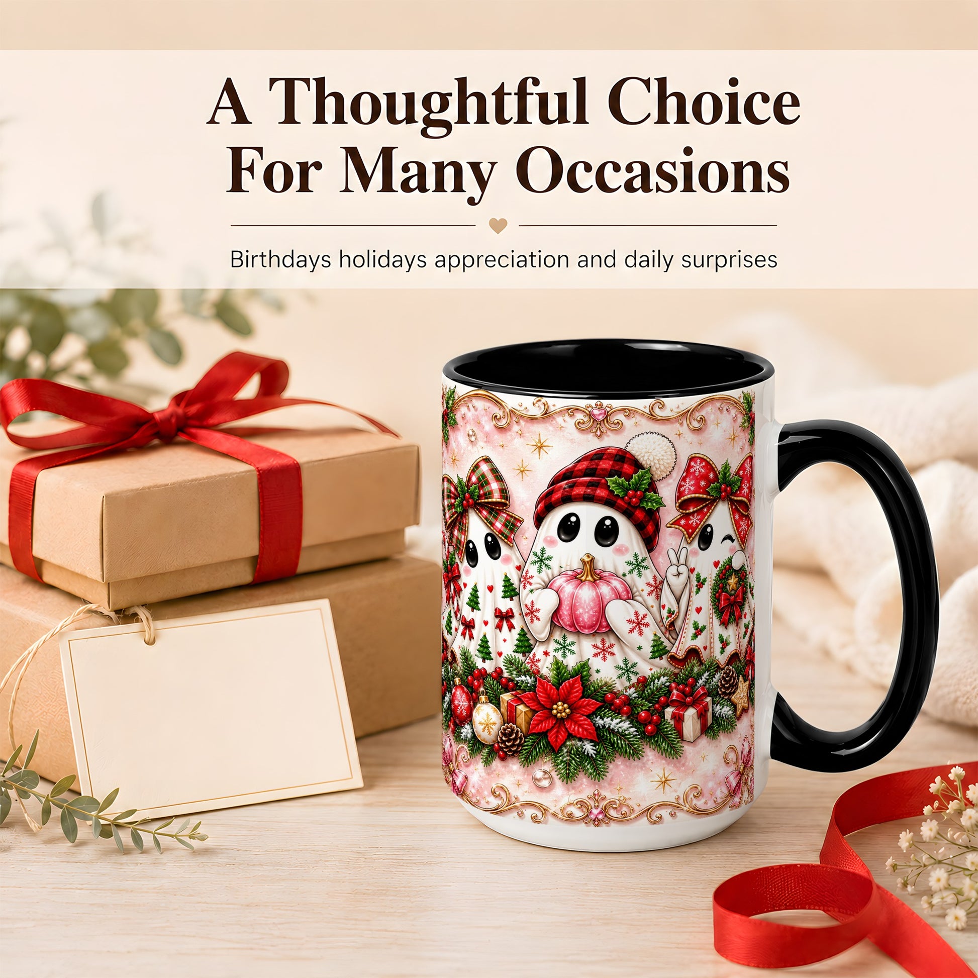 #pl[15oz|Black] Pink Christmas Ghost Coffee Mug, Holiday Ghost Mug, Ceramic Cup