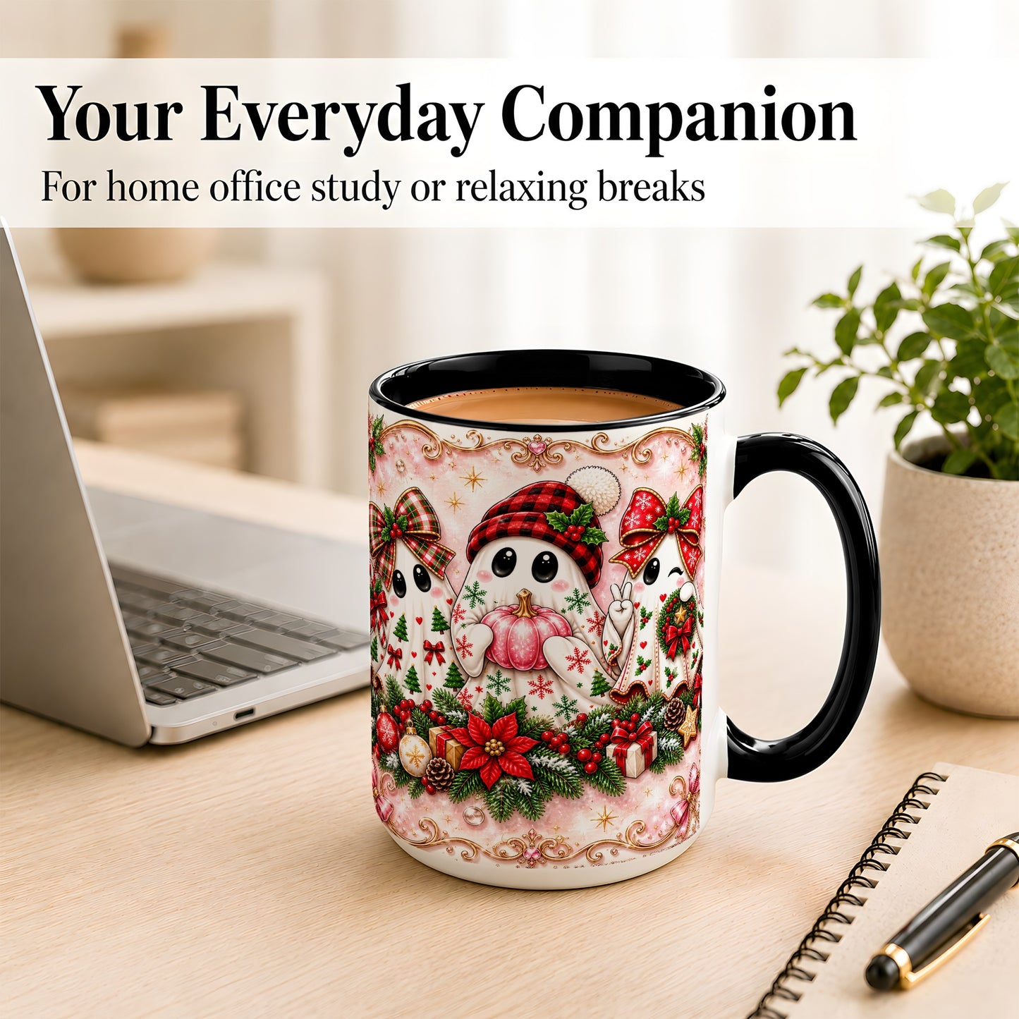 #pl[15oz|Black] Pink Christmas Ghost Coffee Mug, Holiday Ghost Mug, Ceramic Cup