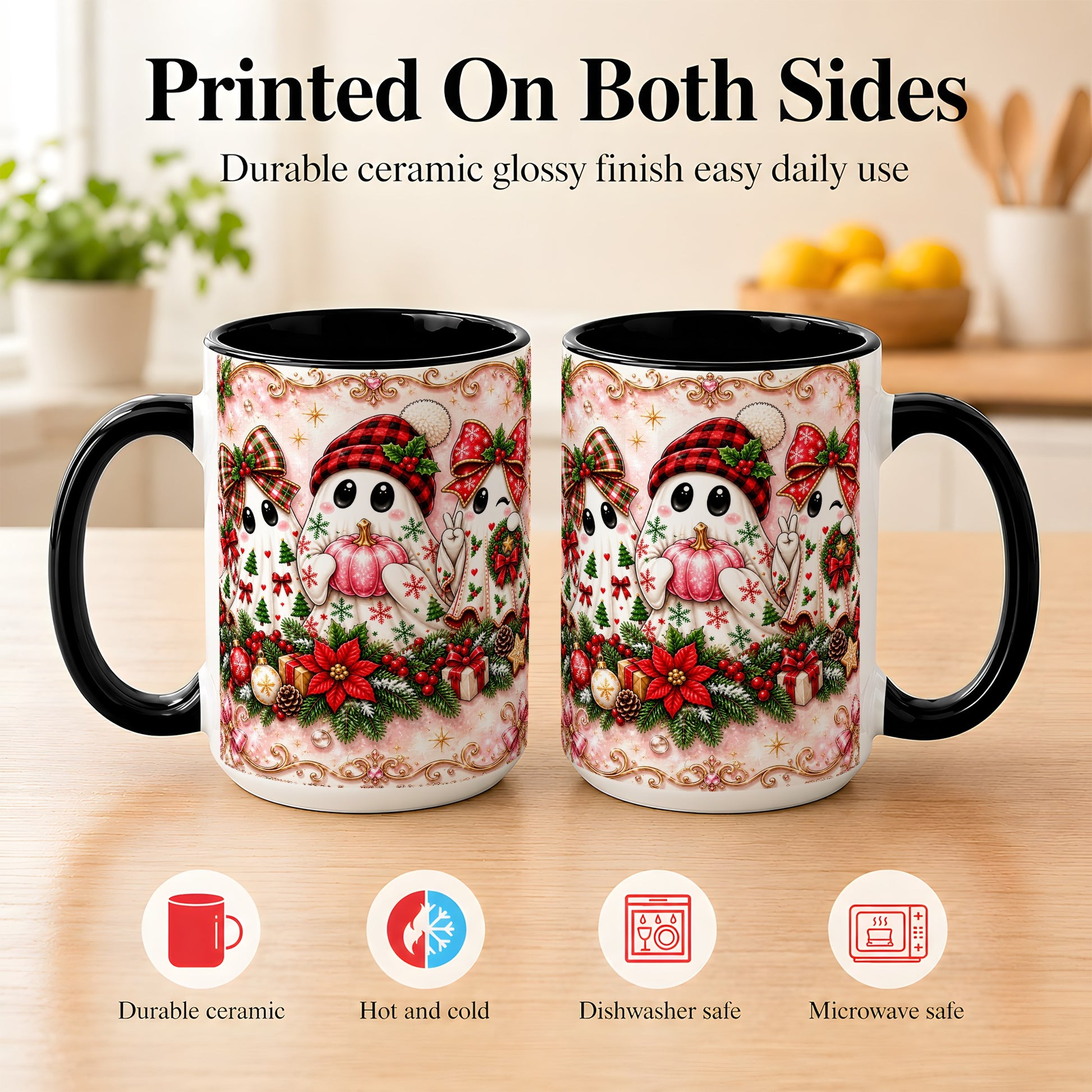 #pl[15oz|Black] Pink Christmas Ghost Coffee Mug, Holiday Ghost Mug, Ceramic Cup
