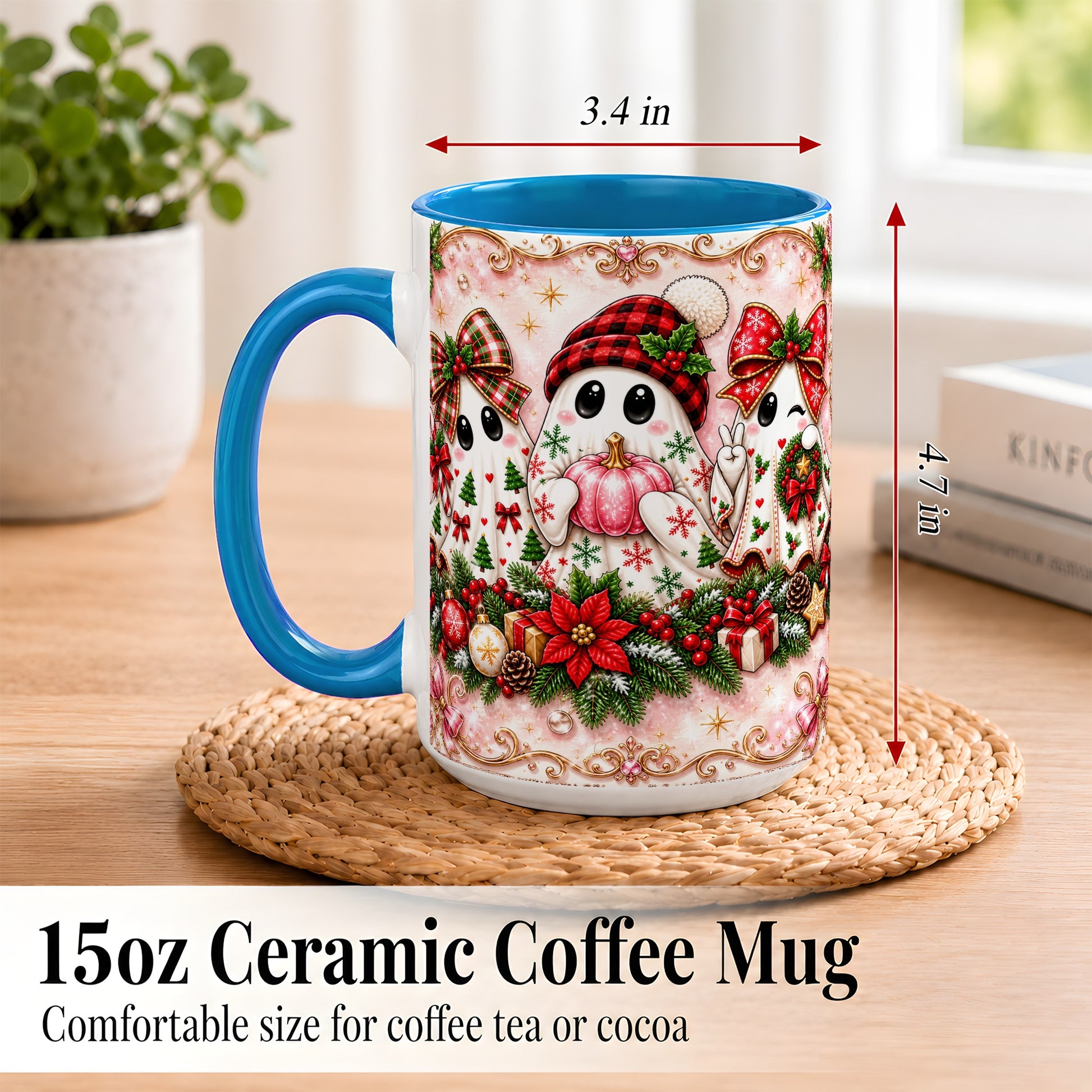 #pl[15oz|Blue] Pink Christmas Ghost Coffee Mug, Holiday Ghost Mug, Ceramic Cup