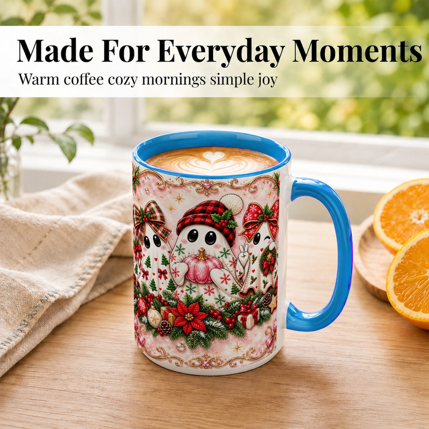 #pl[15oz|Blue] Pink Christmas Ghost Coffee Mug, Holiday Ghost Mug, Ceramic Cup