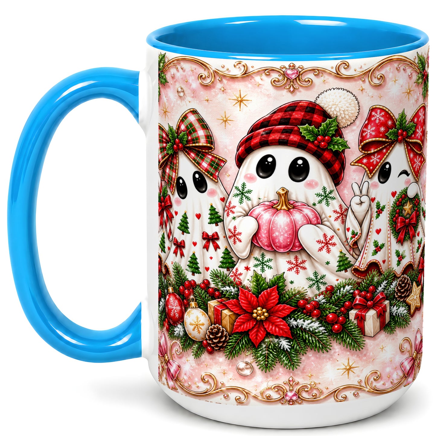 #pl[15oz|Blue] Pink Christmas Ghost Coffee Mug, Holiday Ghost Mug, Ceramic Cup