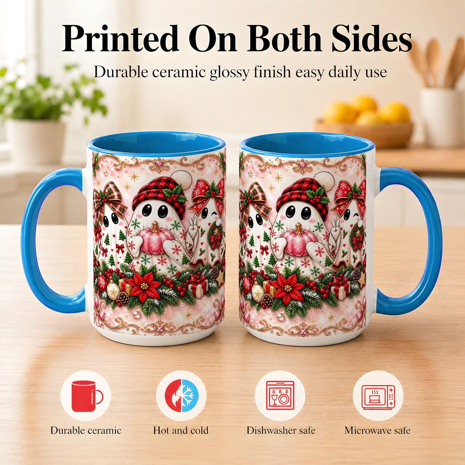 #pl[15oz|Blue] Pink Christmas Ghost Coffee Mug, Holiday Ghost Mug, Ceramic Cup