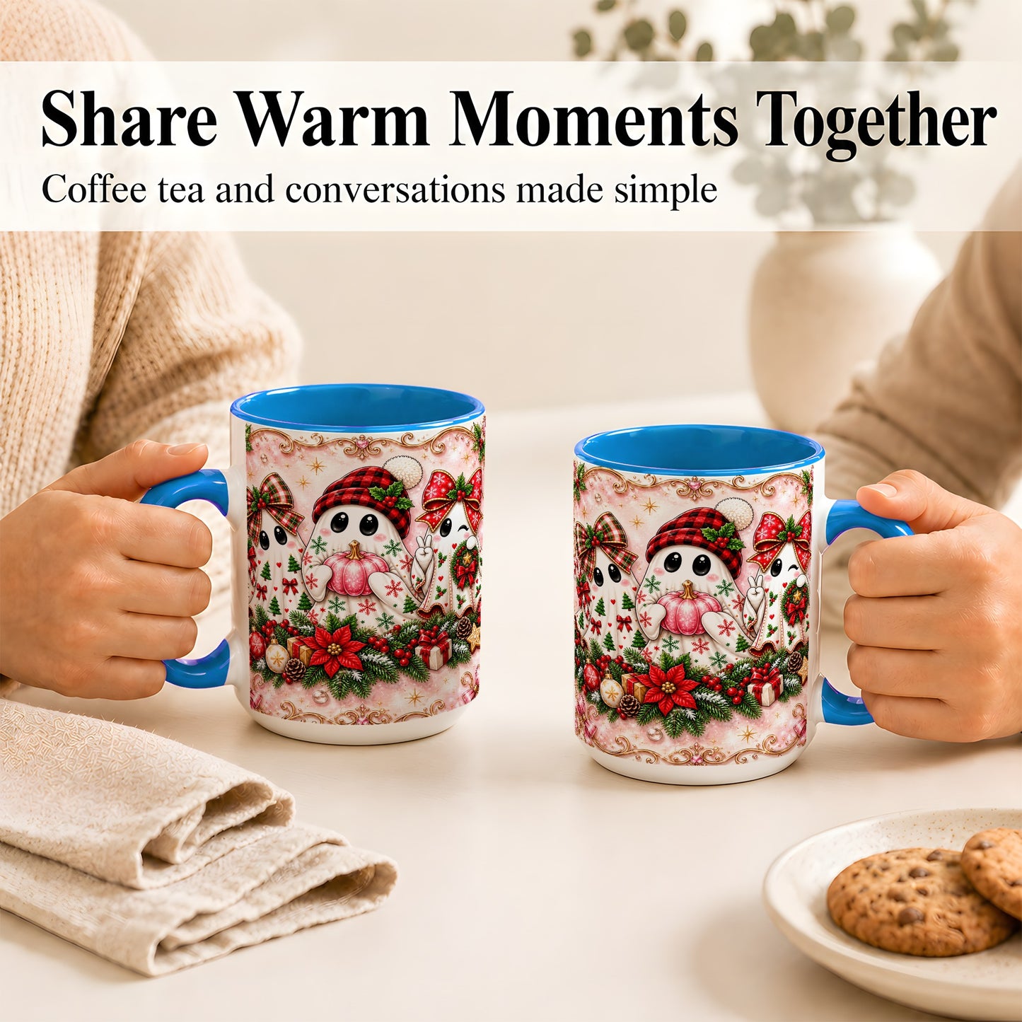 #pl[15oz|Blue] Pink Christmas Ghost Coffee Mug, Holiday Ghost Mug, Ceramic Cup