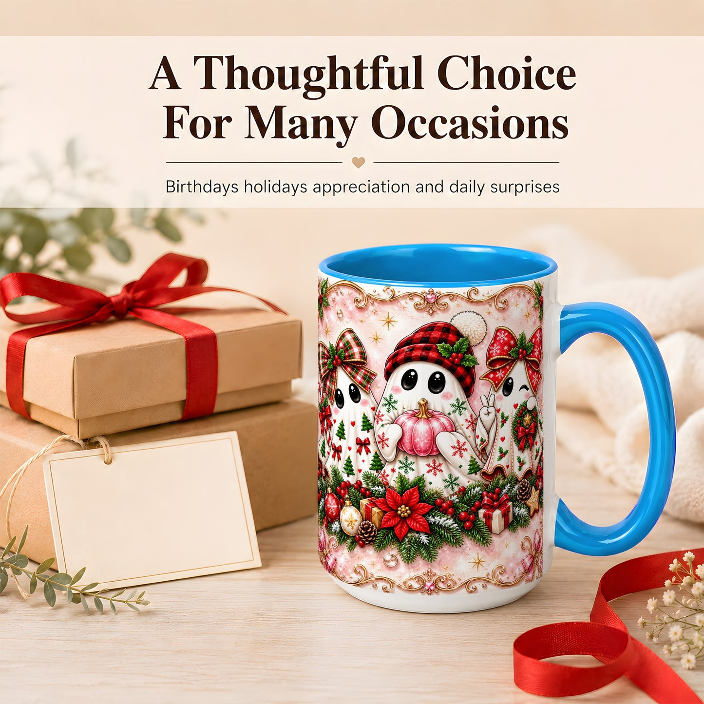 #pl[15oz|Blue] Pink Christmas Ghost Coffee Mug, Holiday Ghost Mug, Ceramic Cup