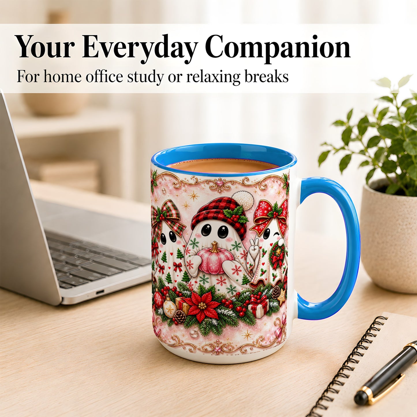 #pl[15oz|Blue] Pink Christmas Ghost Coffee Mug, Holiday Ghost Mug, Ceramic Cup