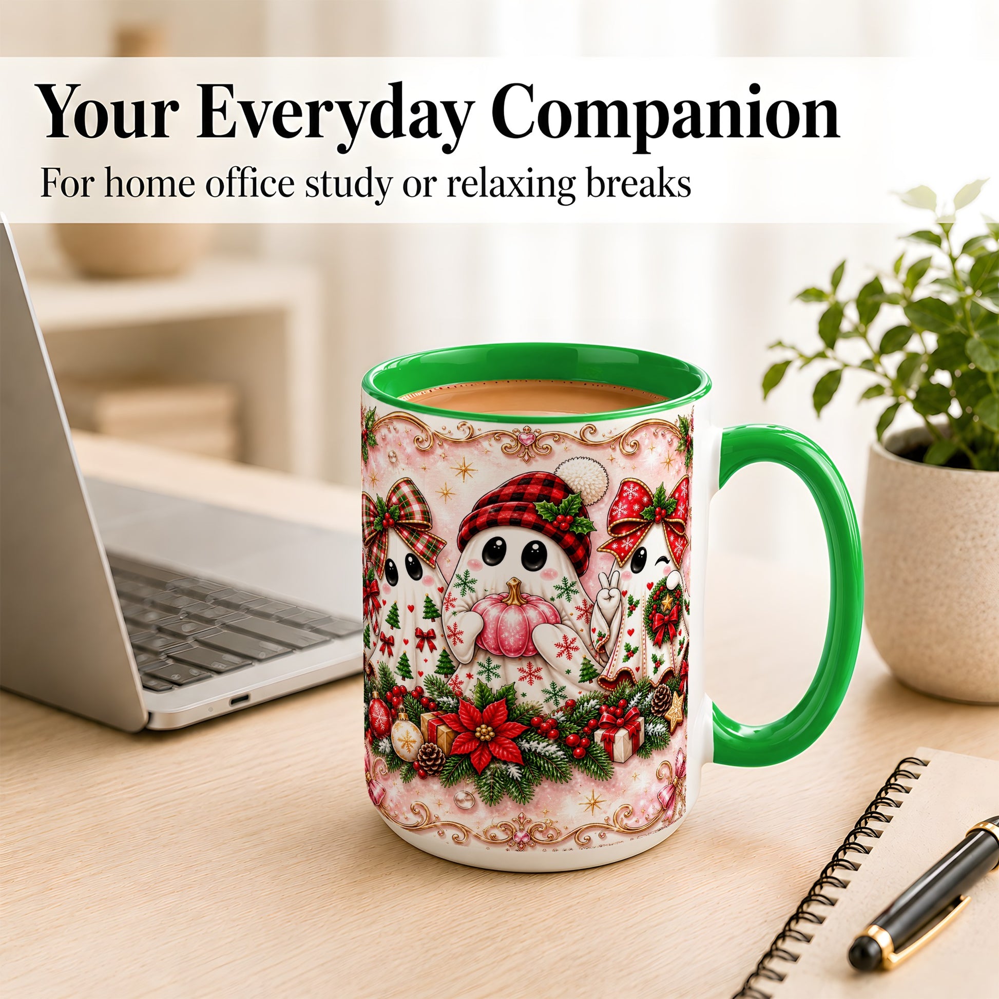 #pl[15oz|Green] Pink Christmas Ghost Coffee Mug, Holiday Ghost Mug, Ceramic Cup