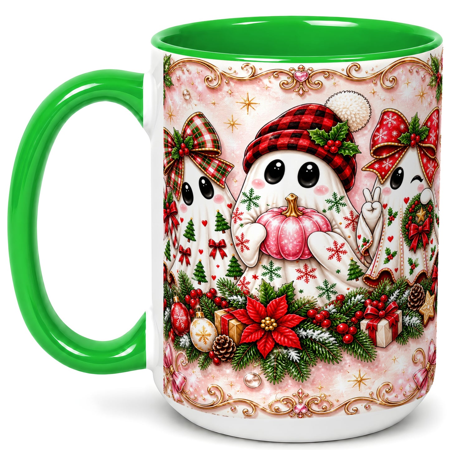#pl[15oz|Green] Pink Christmas Ghost Coffee Mug, Holiday Ghost Mug, Ceramic Cup