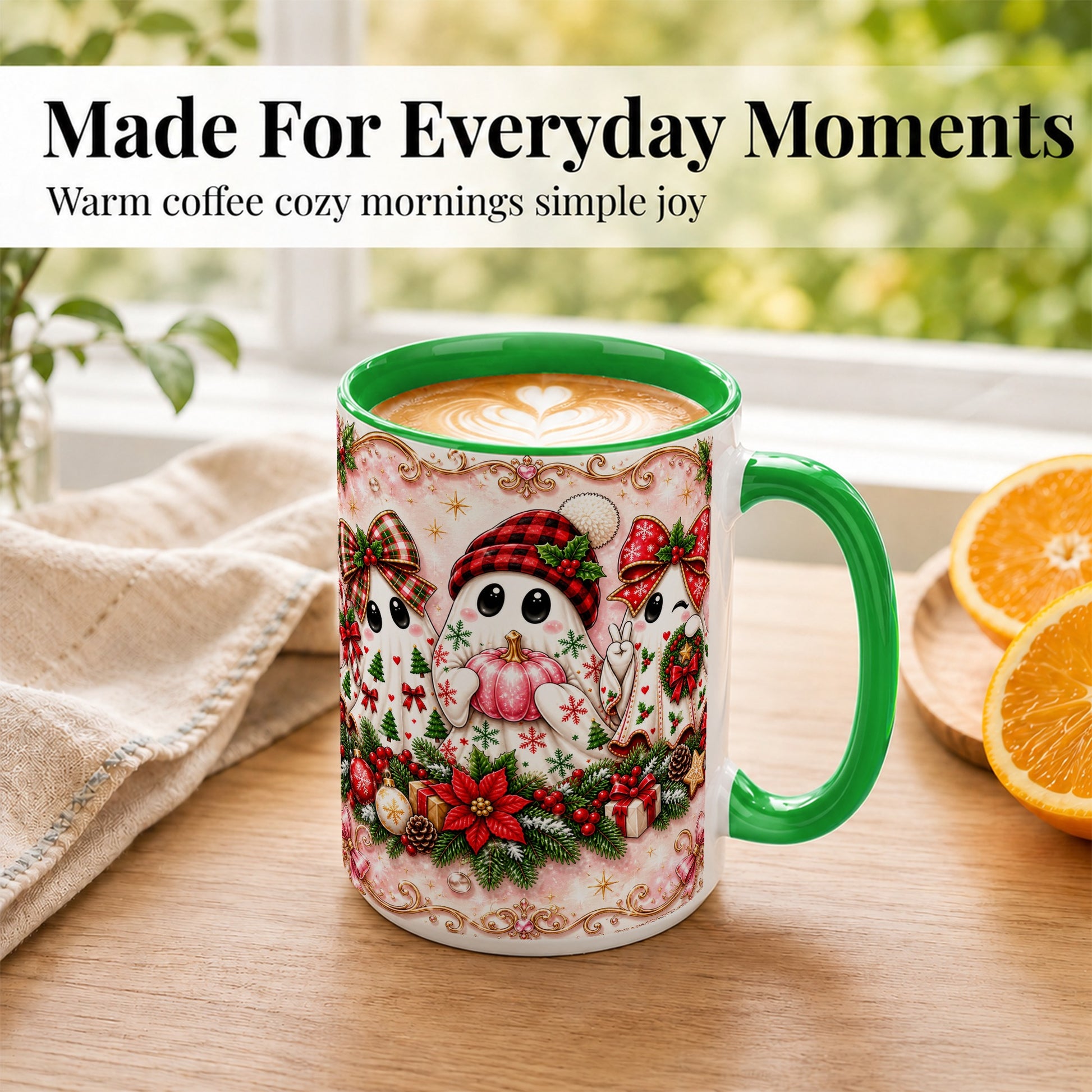 #pl[15oz|Green] Pink Christmas Ghost Coffee Mug, Holiday Ghost Mug, Ceramic Cup