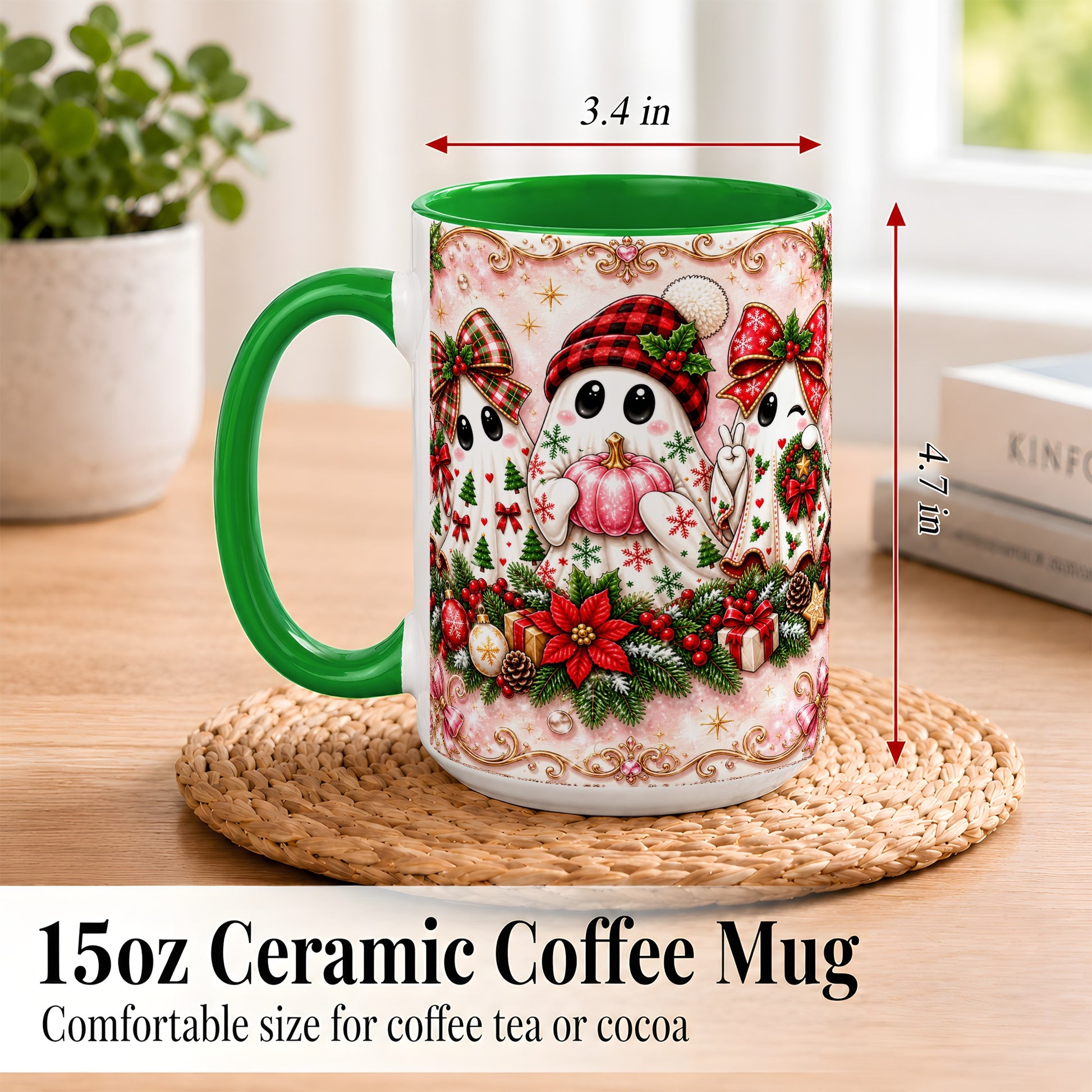 #pl[15oz|Green] Pink Christmas Ghost Coffee Mug, Holiday Ghost Mug, Ceramic Cup