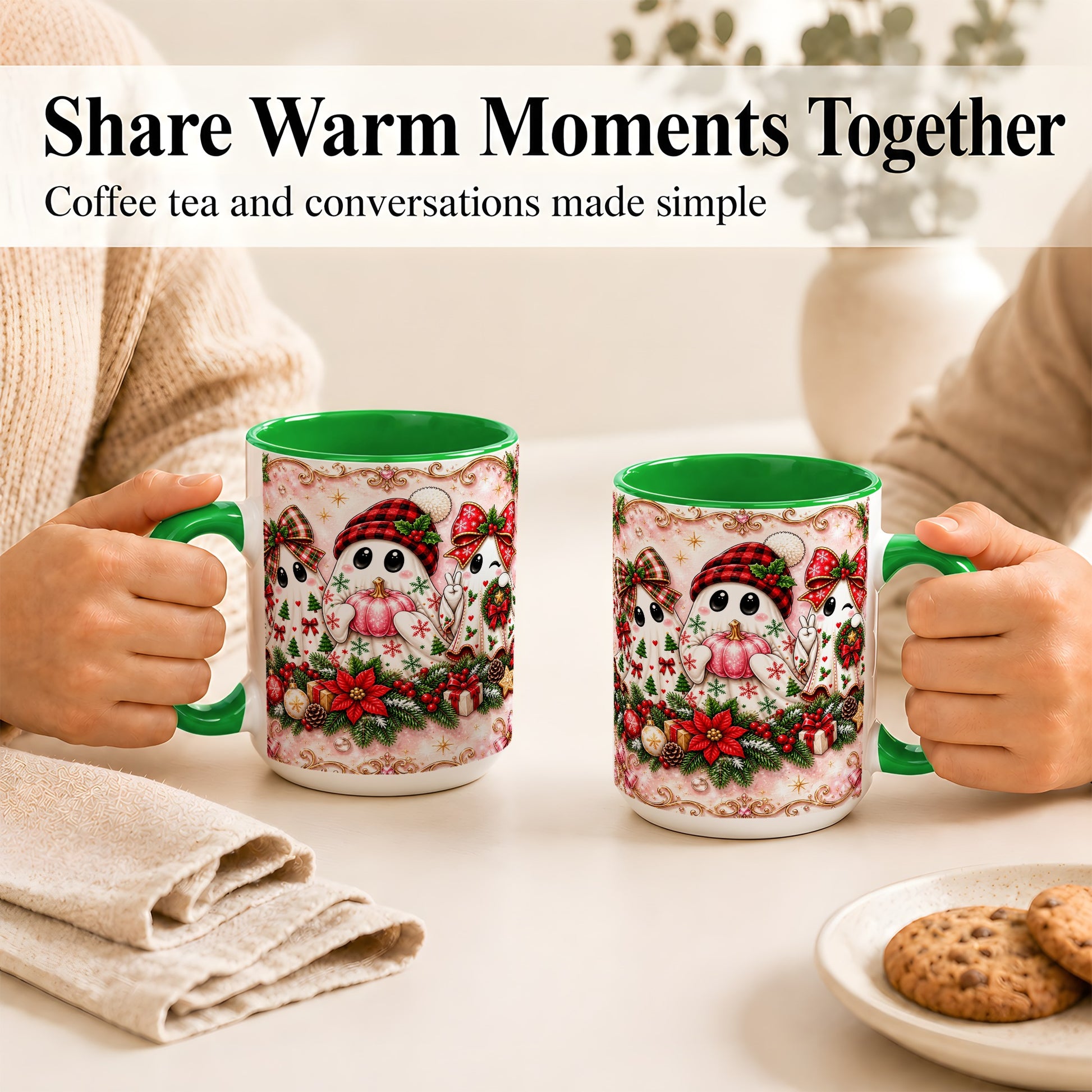 #pl[15oz|Green] Pink Christmas Ghost Coffee Mug, Holiday Ghost Mug, Ceramic Cup
