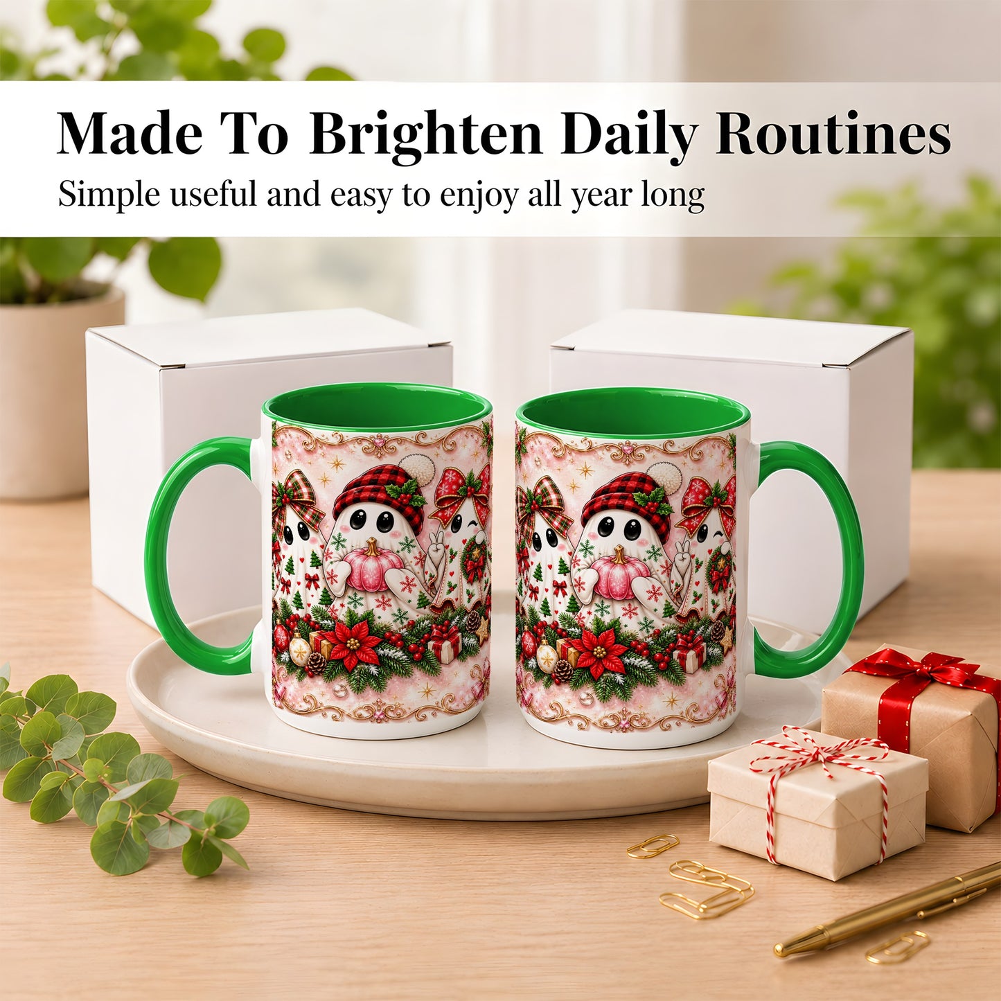#pl[15oz|Green] Pink Christmas Ghost Coffee Mug, Holiday Ghost Mug, Ceramic Cup