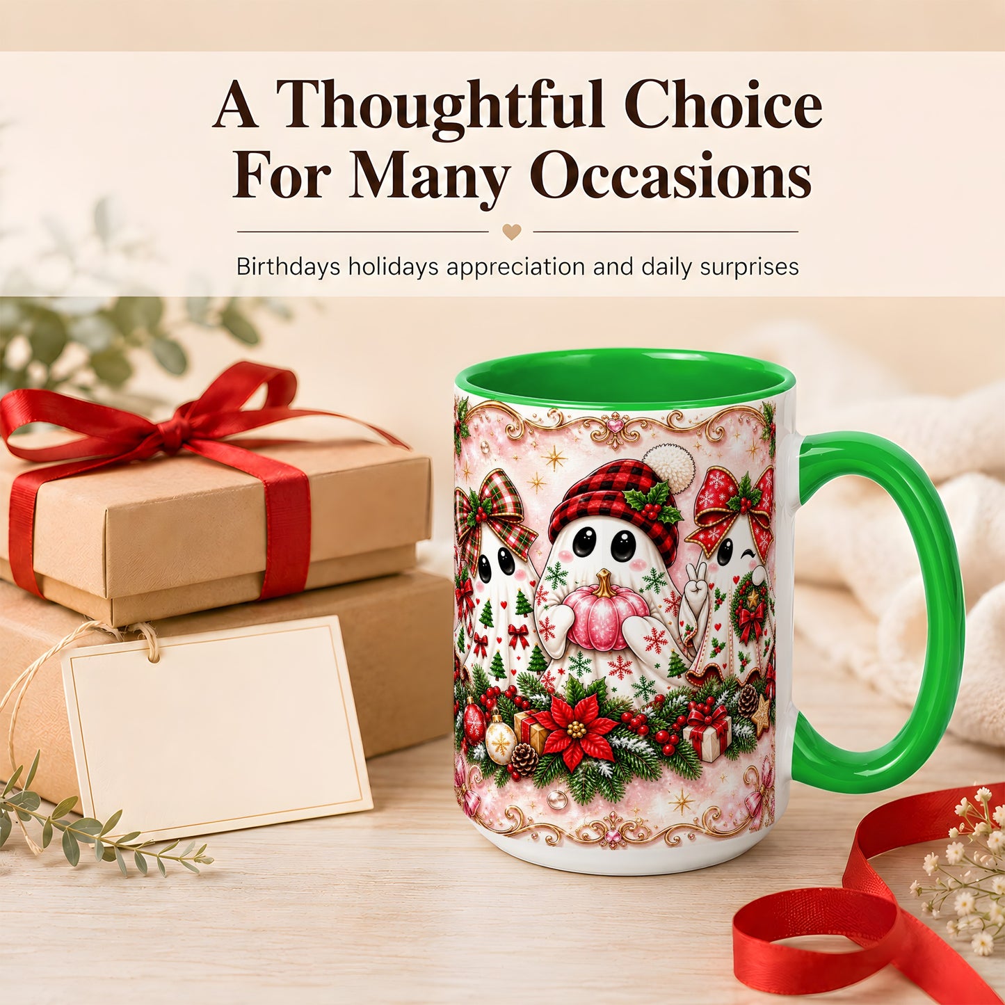 #pl[15oz|Green] Pink Christmas Ghost Coffee Mug, Holiday Ghost Mug, Ceramic Cup