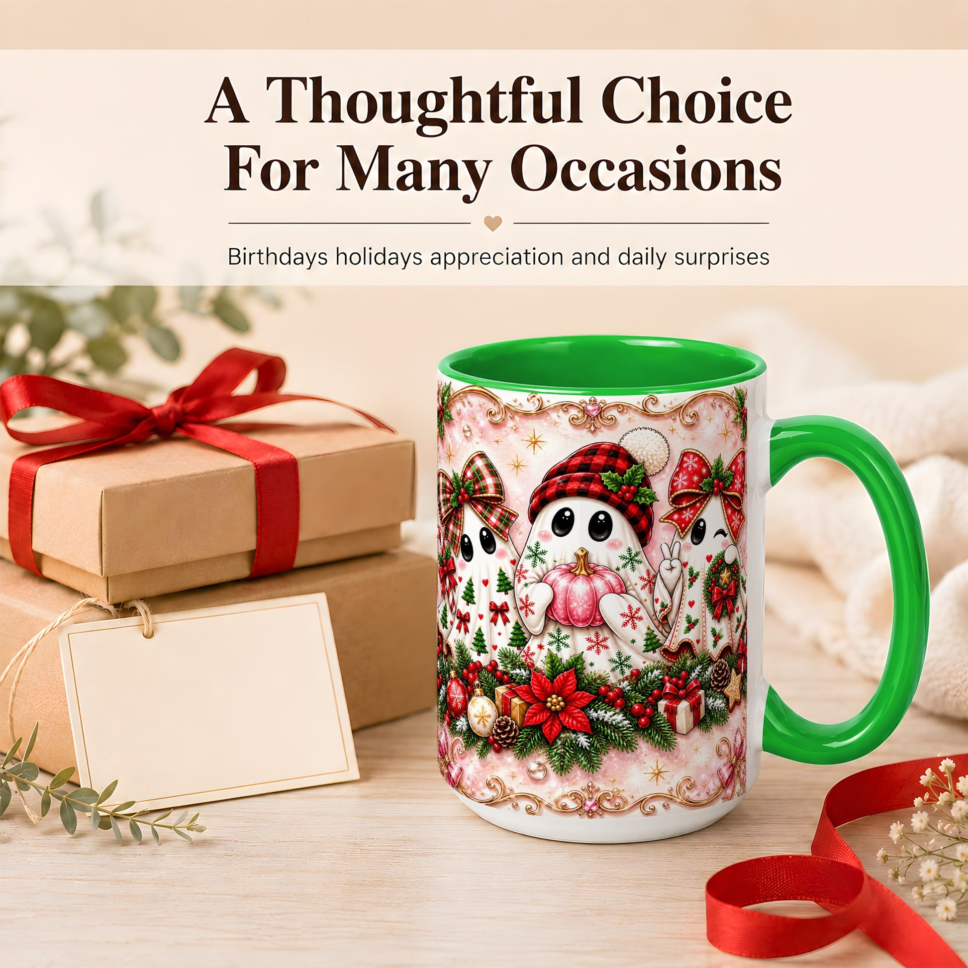 #pl[15oz|Green] Pink Christmas Ghost Coffee Mug, Holiday Ghost Mug, Ceramic Cup