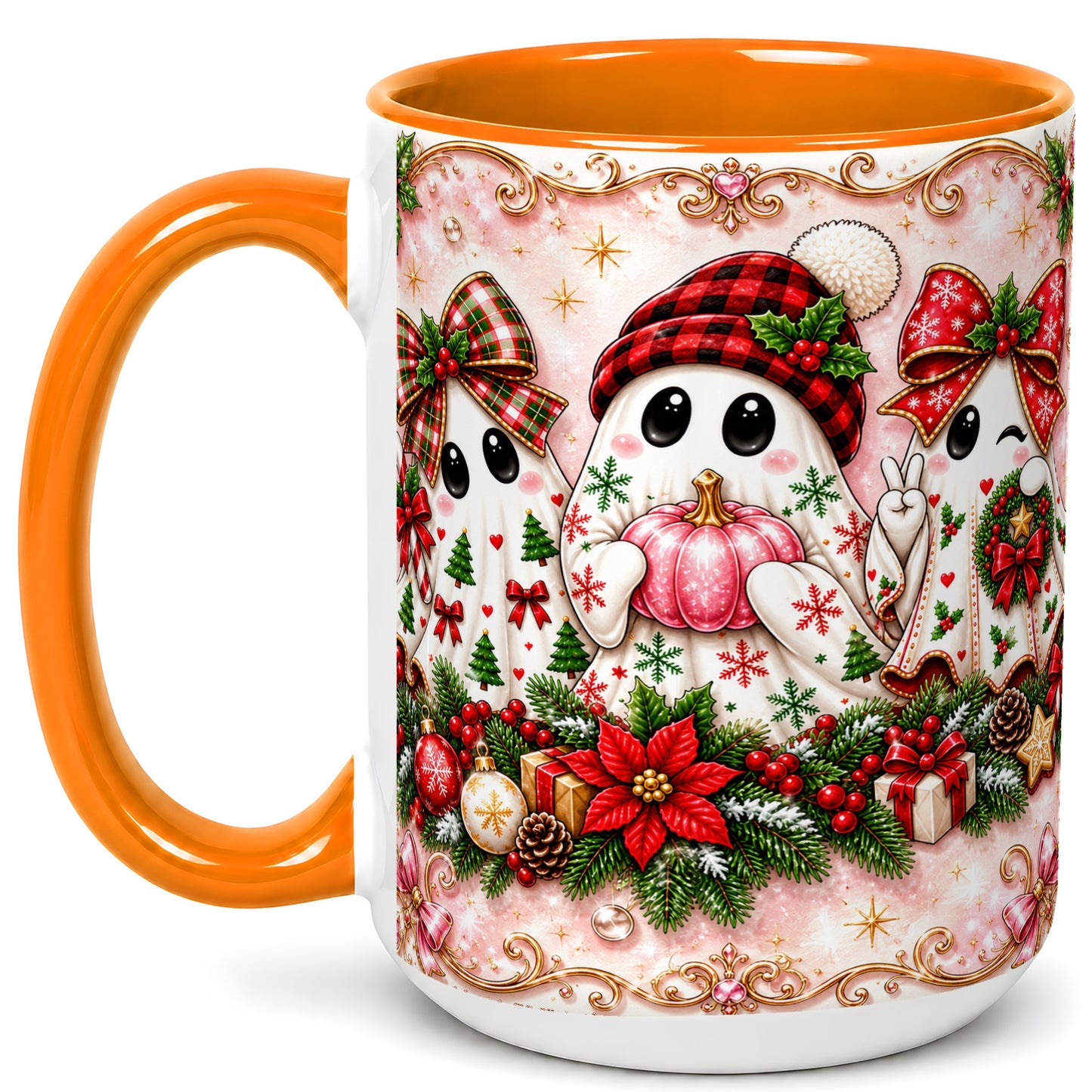 #pl[15oz|Orange] Pink Christmas Ghost Coffee Mug, Holiday Ghost Mug, Ceramic Cup