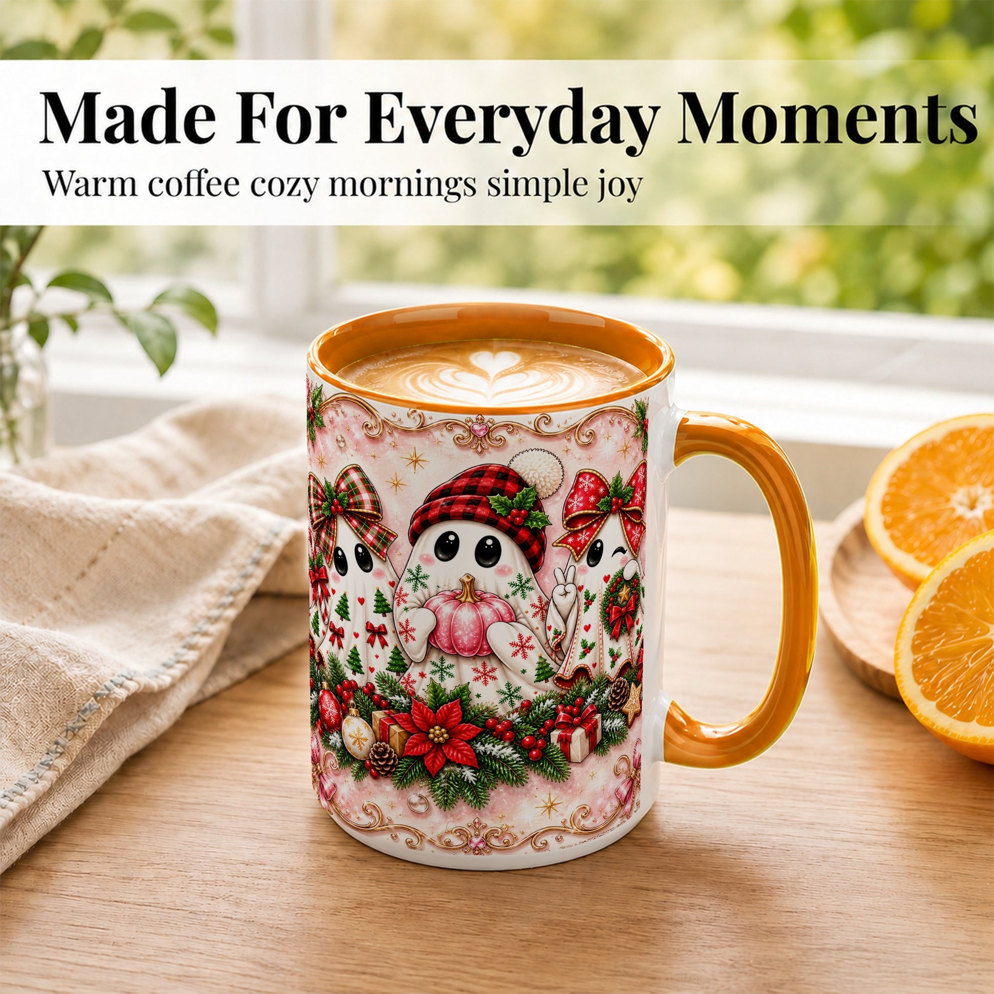 #pl[15oz|Orange] Pink Christmas Ghost Coffee Mug, Holiday Ghost Mug, Ceramic Cup