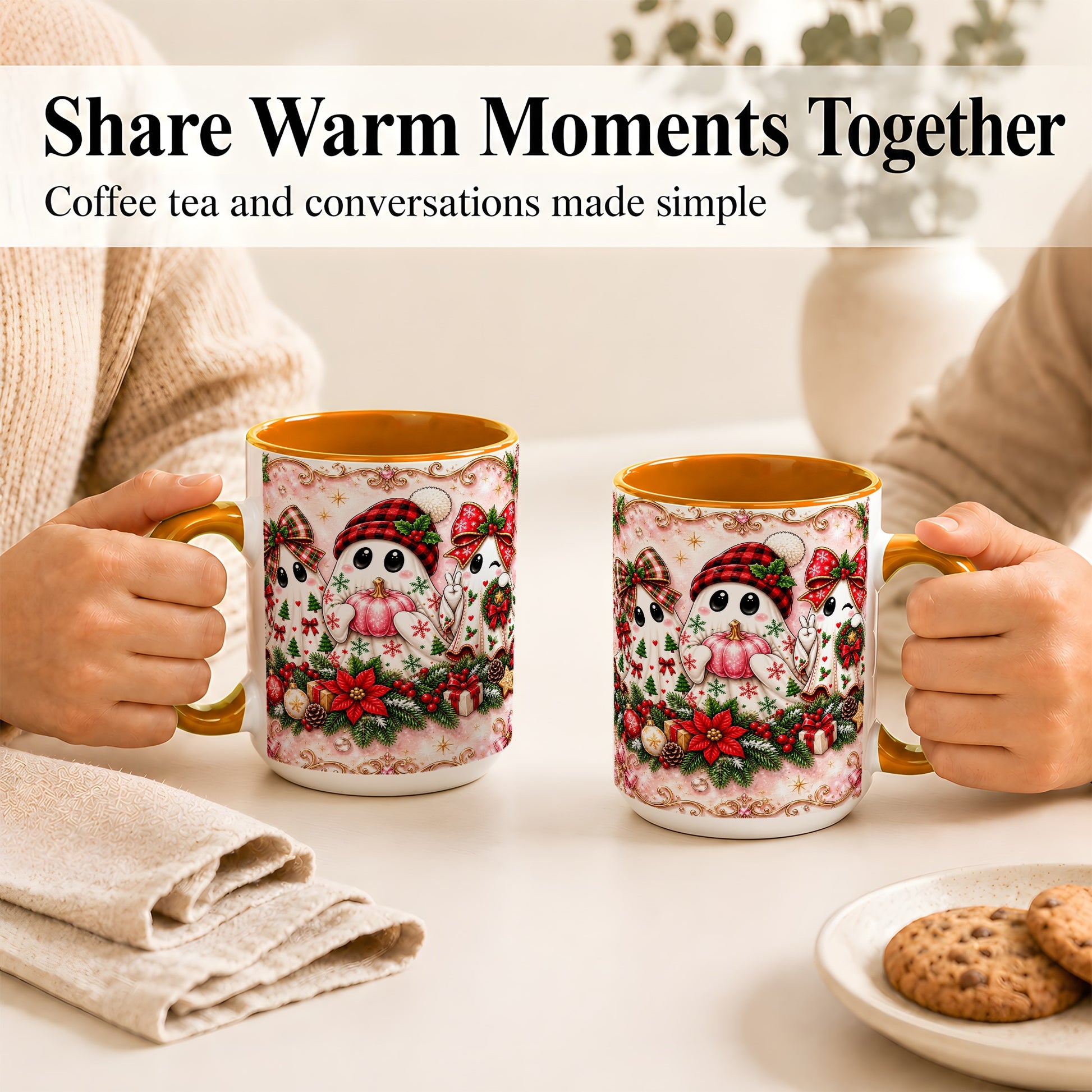 #pl[15oz|Orange] Pink Christmas Ghost Coffee Mug, Holiday Ghost Mug, Ceramic Cup