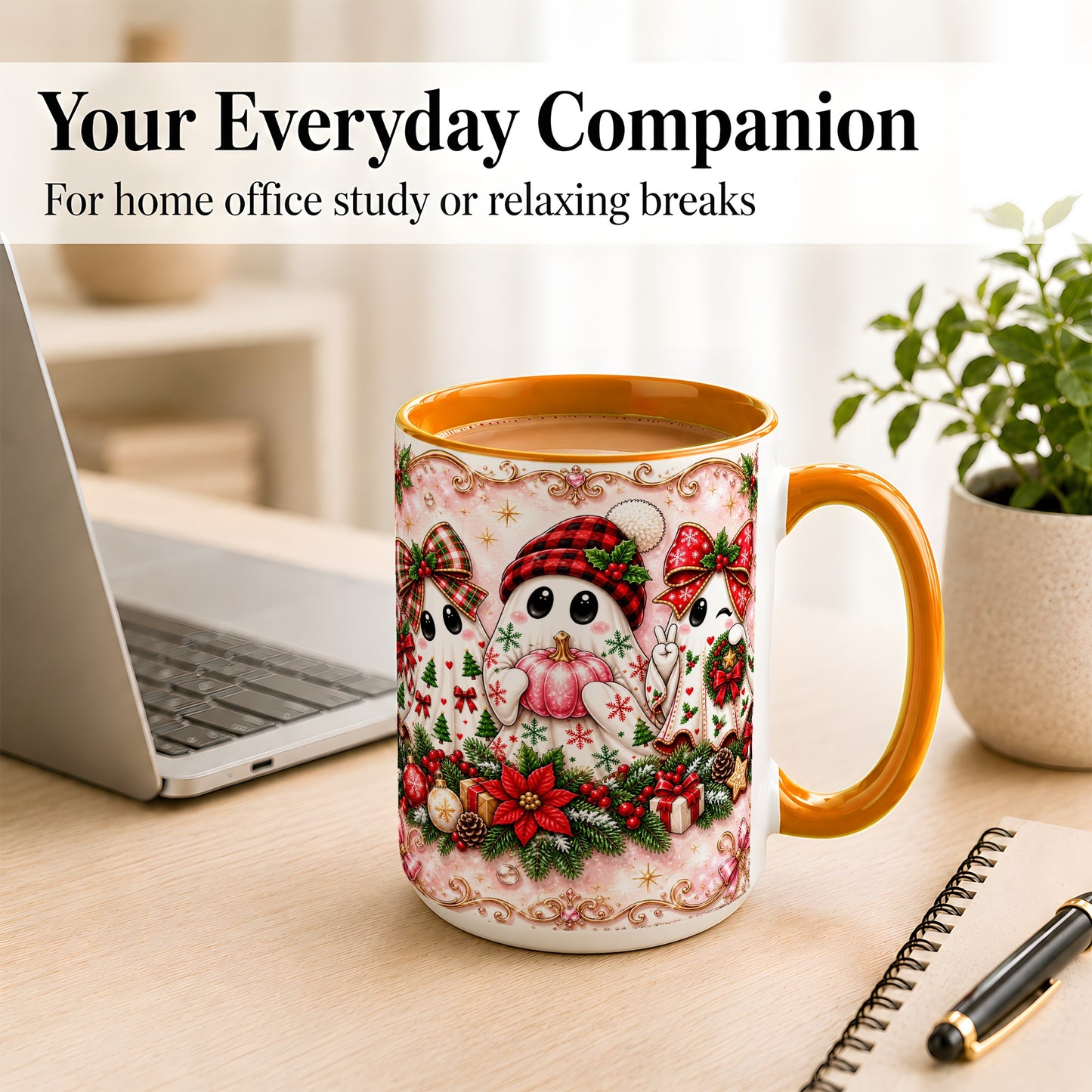 #pl[15oz|Orange] Pink Christmas Ghost Coffee Mug, Holiday Ghost Mug, Ceramic Cup
