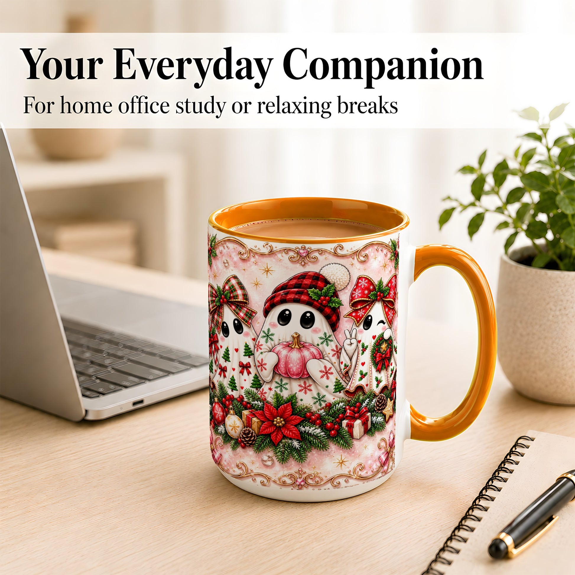 #pl[15oz|Orange] Pink Christmas Ghost Coffee Mug, Holiday Ghost Mug, Ceramic Cup