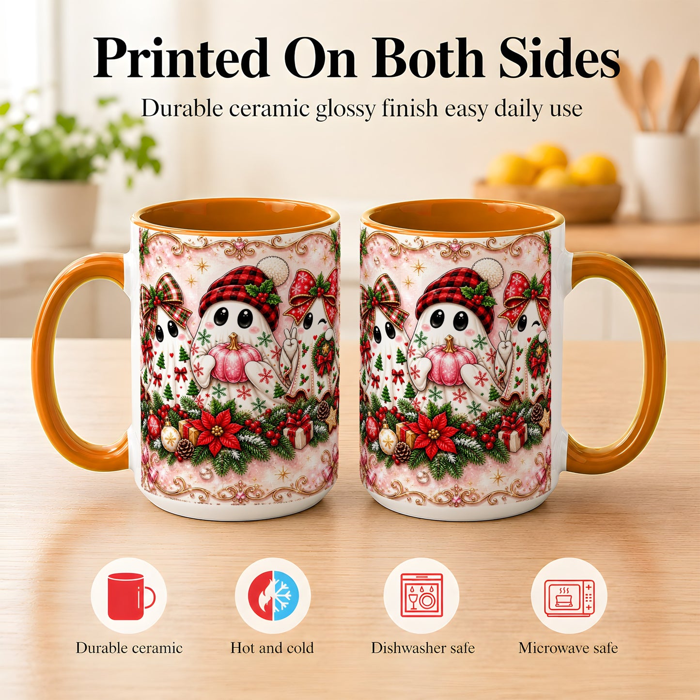 #pl[15oz|Orange] Pink Christmas Ghost Coffee Mug, Holiday Ghost Mug, Ceramic Cup