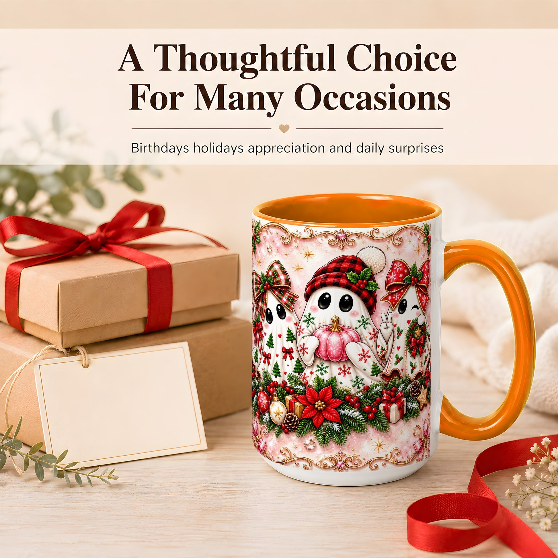 #pl[15oz|Orange] Pink Christmas Ghost Coffee Mug, Holiday Ghost Mug, Ceramic Cup