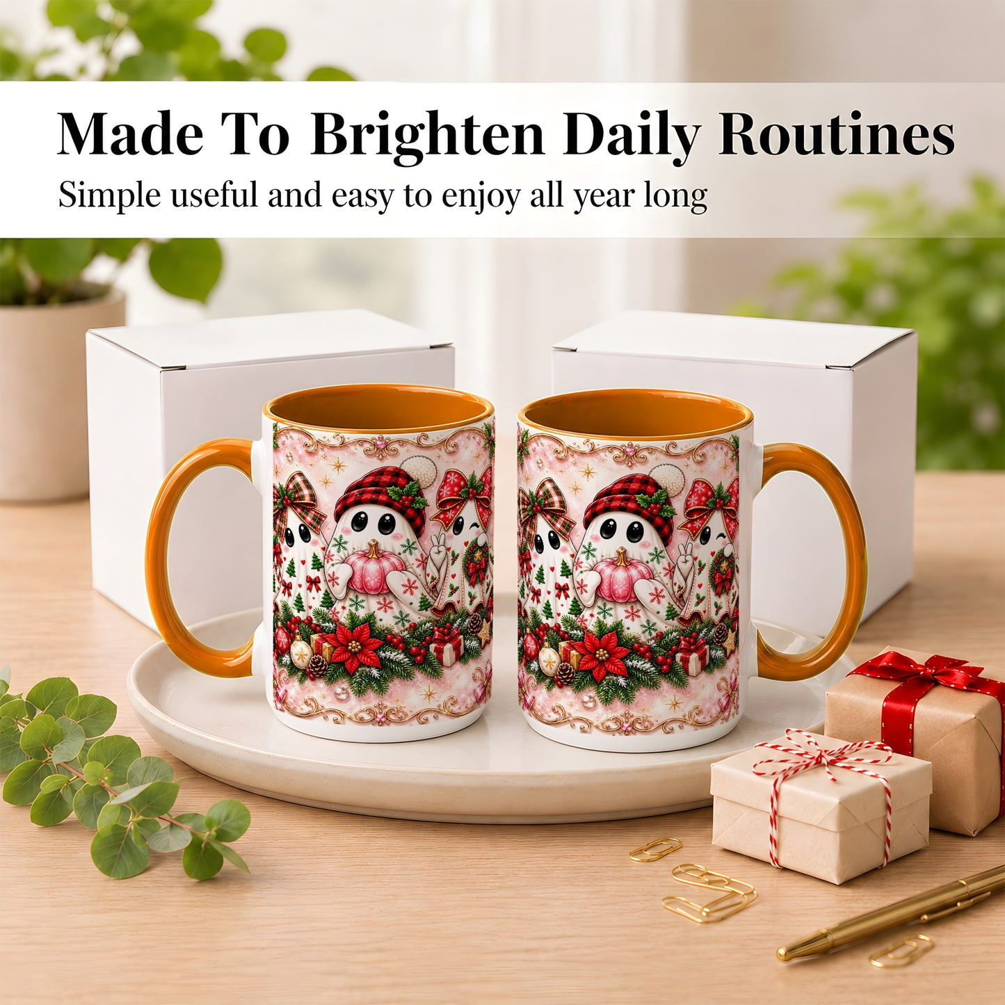 #pl[15oz|Orange] Pink Christmas Ghost Coffee Mug, Holiday Ghost Mug, Ceramic Cup