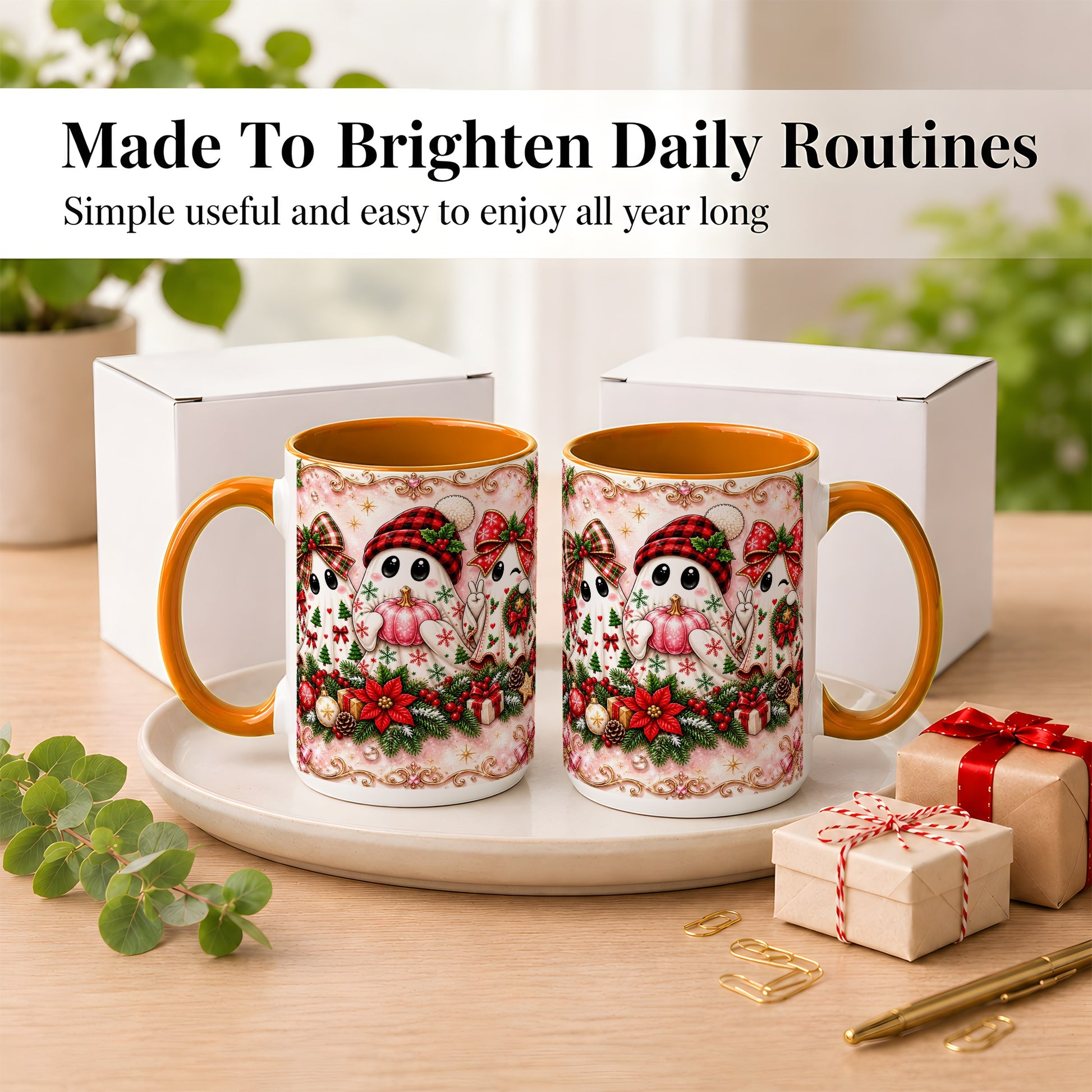 #pl[15oz|Orange] Pink Christmas Ghost Coffee Mug, Holiday Ghost Mug, Ceramic Cup