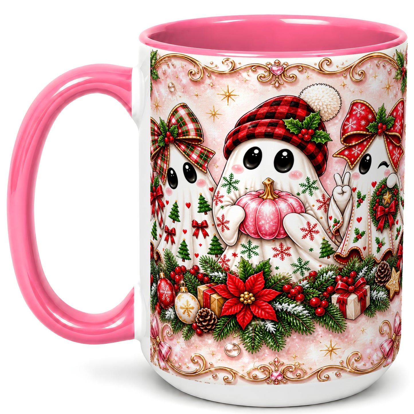 #pl[15oz|Pink] Pink Christmas Ghost Coffee Mug, Holiday Ghost Mug, Ceramic Cup