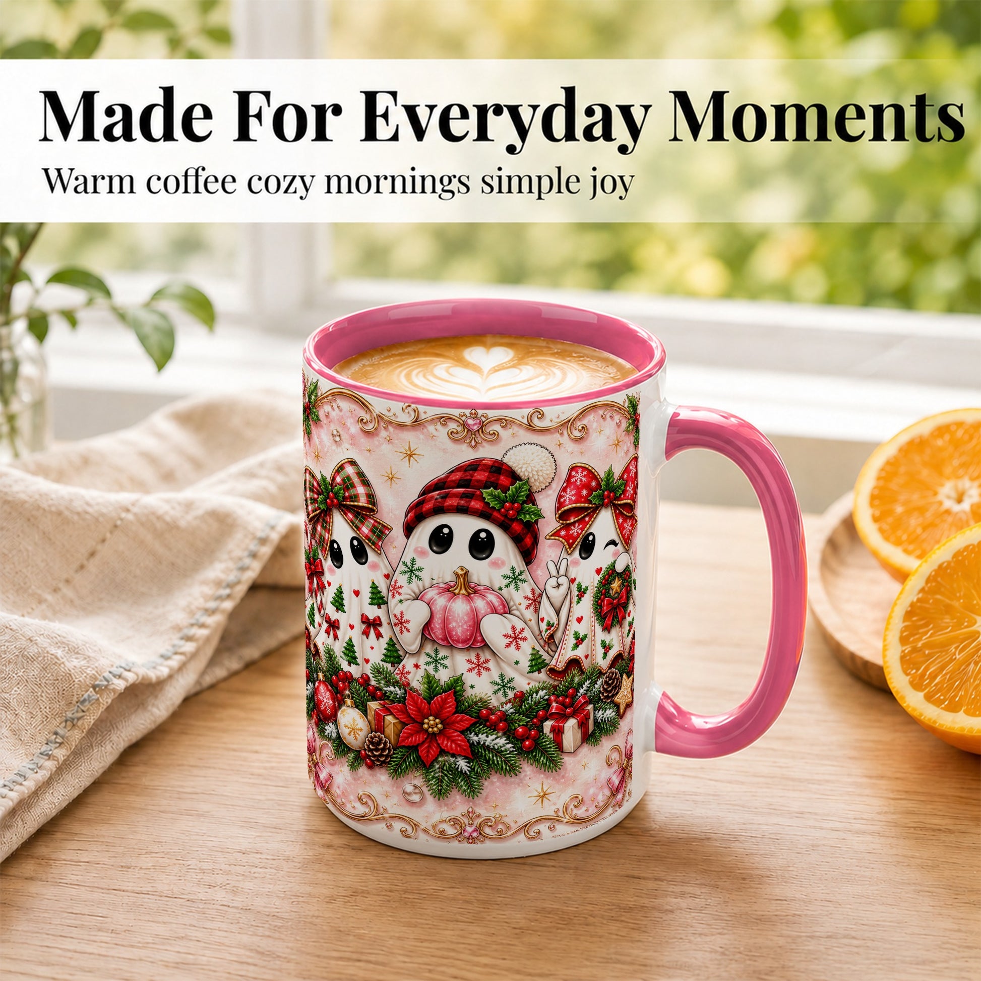 #pl[15oz|Pink] Pink Christmas Ghost Coffee Mug, Holiday Ghost Mug, Ceramic Cup