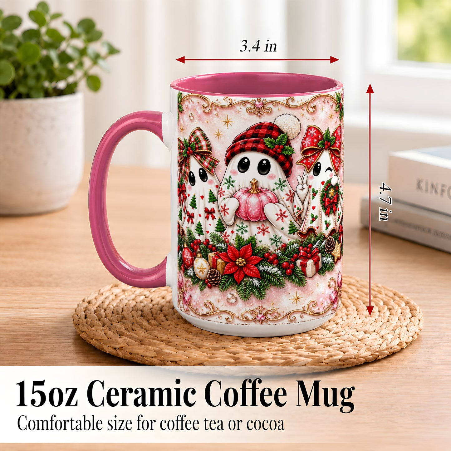 #pl[15oz|Pink] Pink Christmas Ghost Coffee Mug, Holiday Ghost Mug, Ceramic Cup