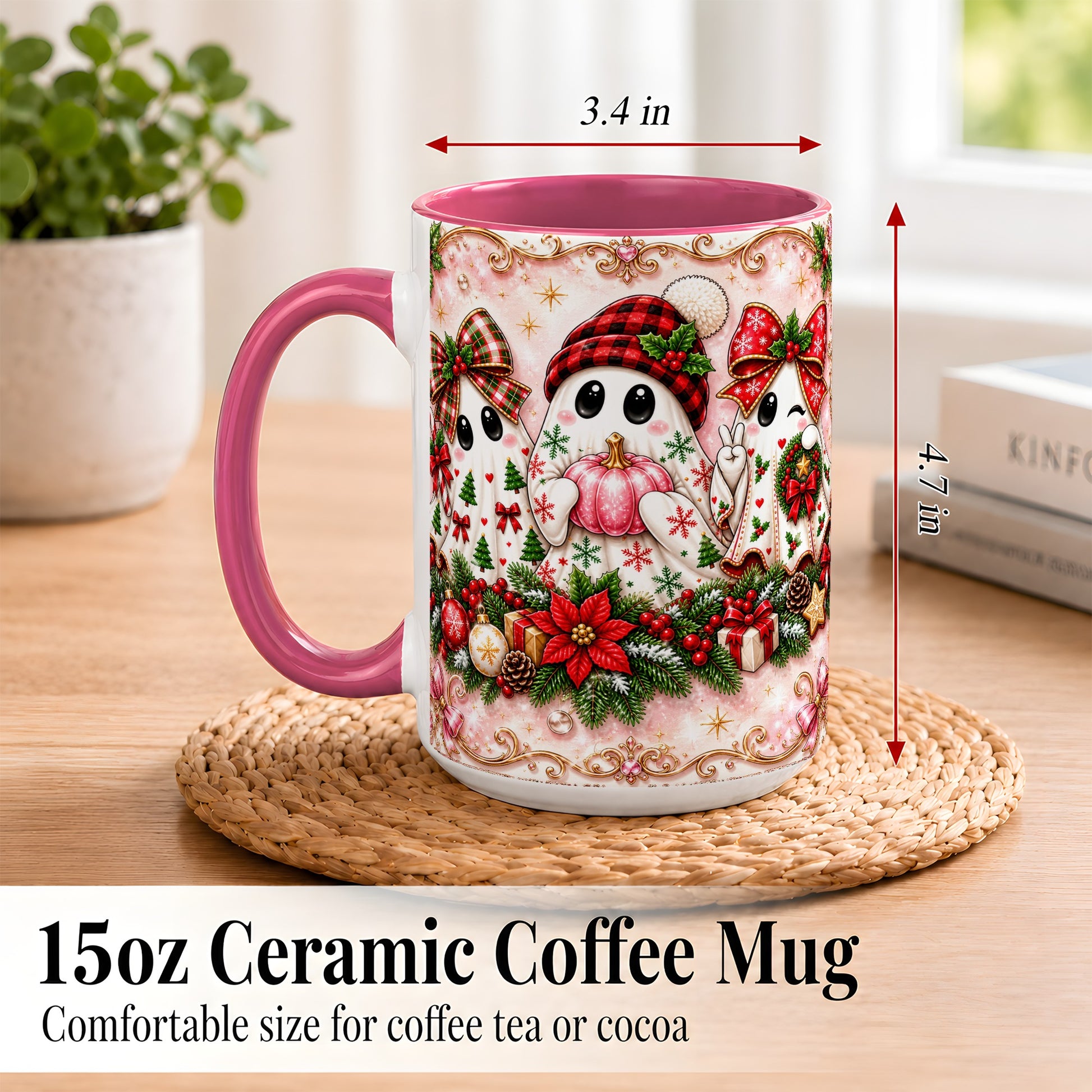 #pl[15oz|Pink] Pink Christmas Ghost Coffee Mug, Holiday Ghost Mug, Ceramic Cup