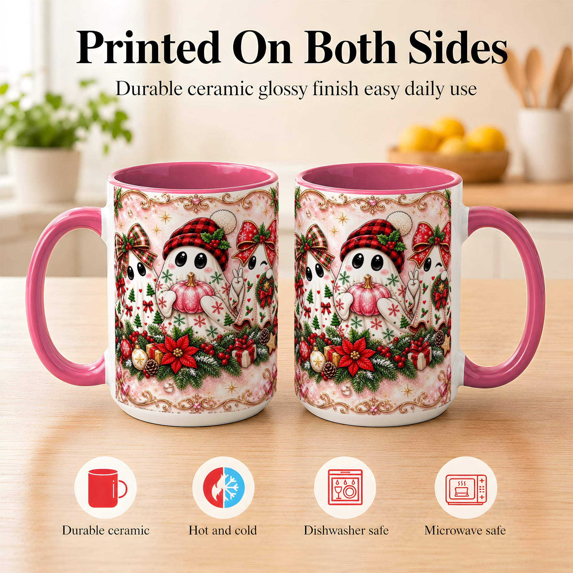 #pl[15oz|Pink] Pink Christmas Ghost Coffee Mug, Holiday Ghost Mug, Ceramic Cup