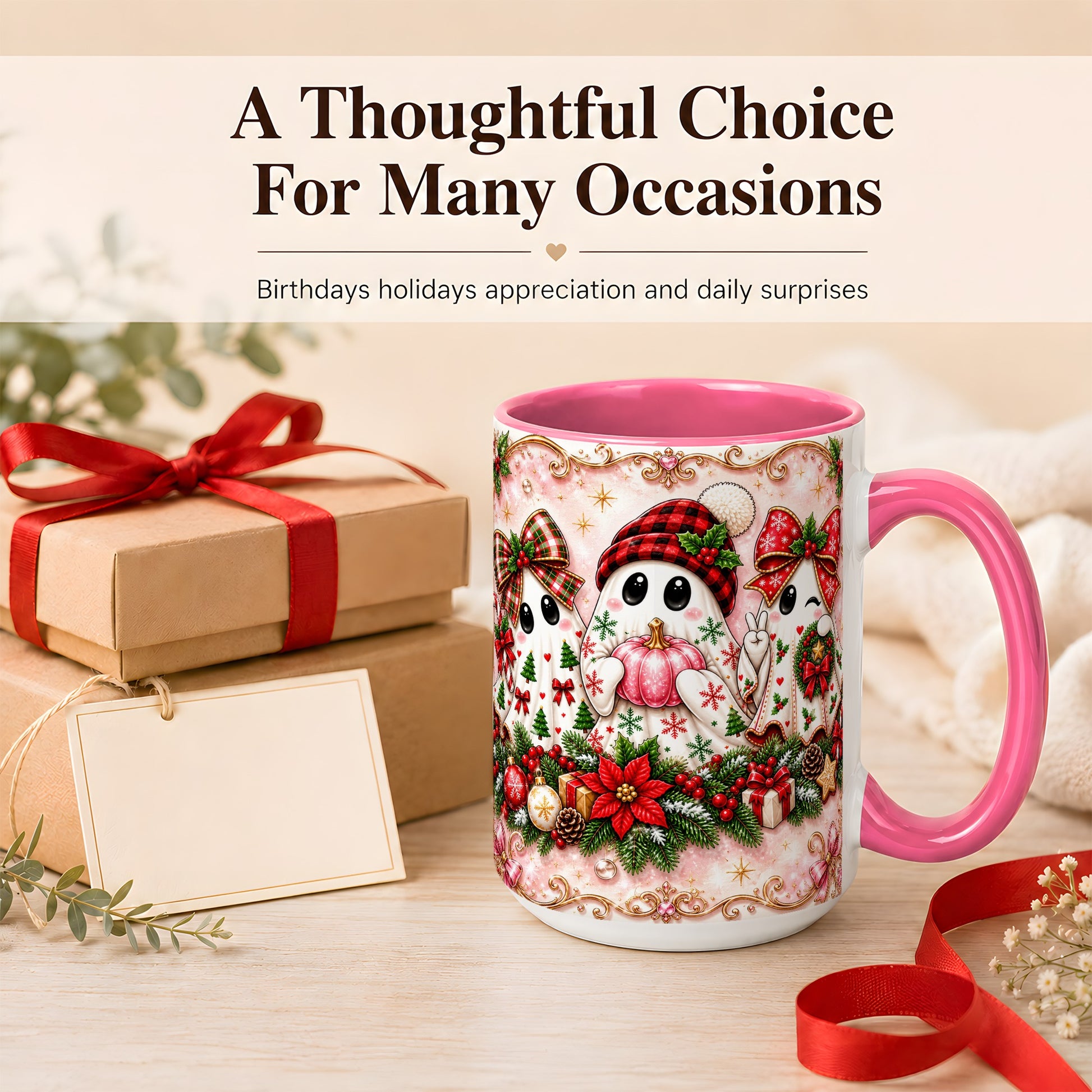 #pl[15oz|Pink] Pink Christmas Ghost Coffee Mug, Holiday Ghost Mug, Ceramic Cup
