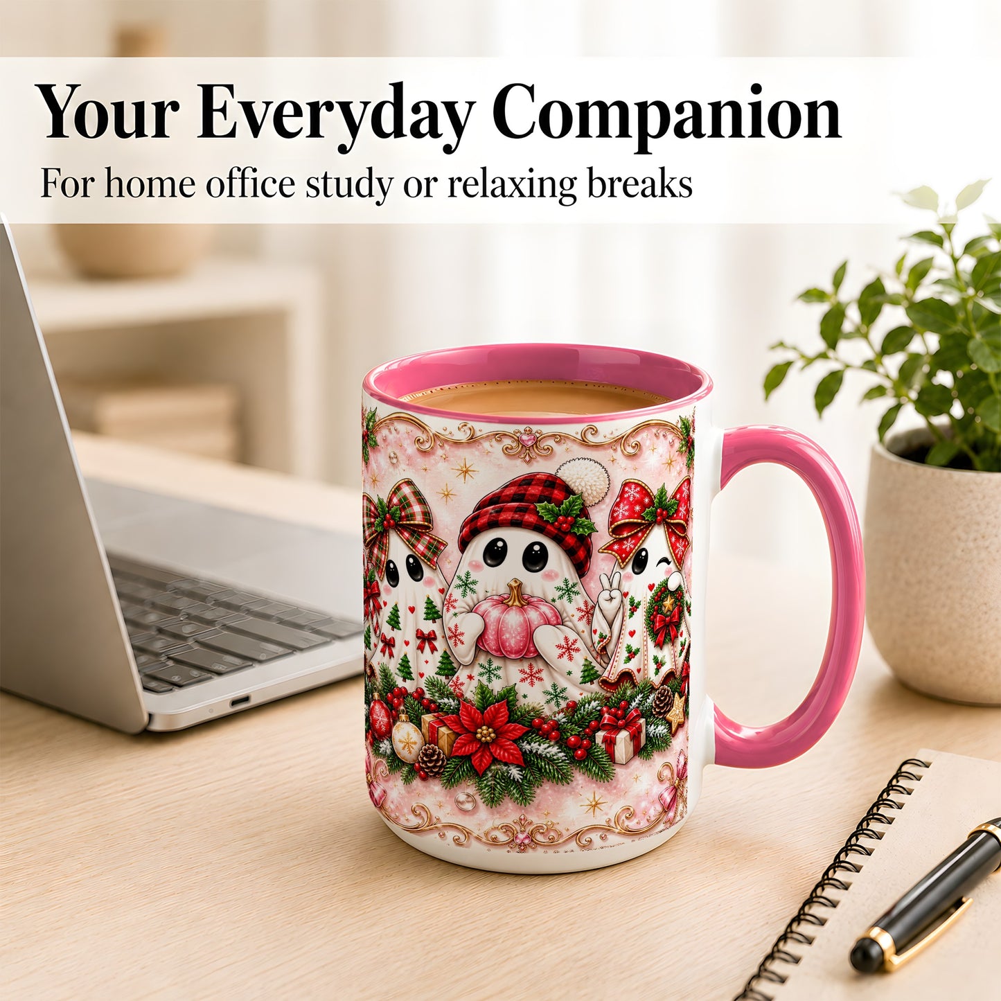 #pl[15oz|Pink] Pink Christmas Ghost Coffee Mug, Holiday Ghost Mug, Ceramic Cup