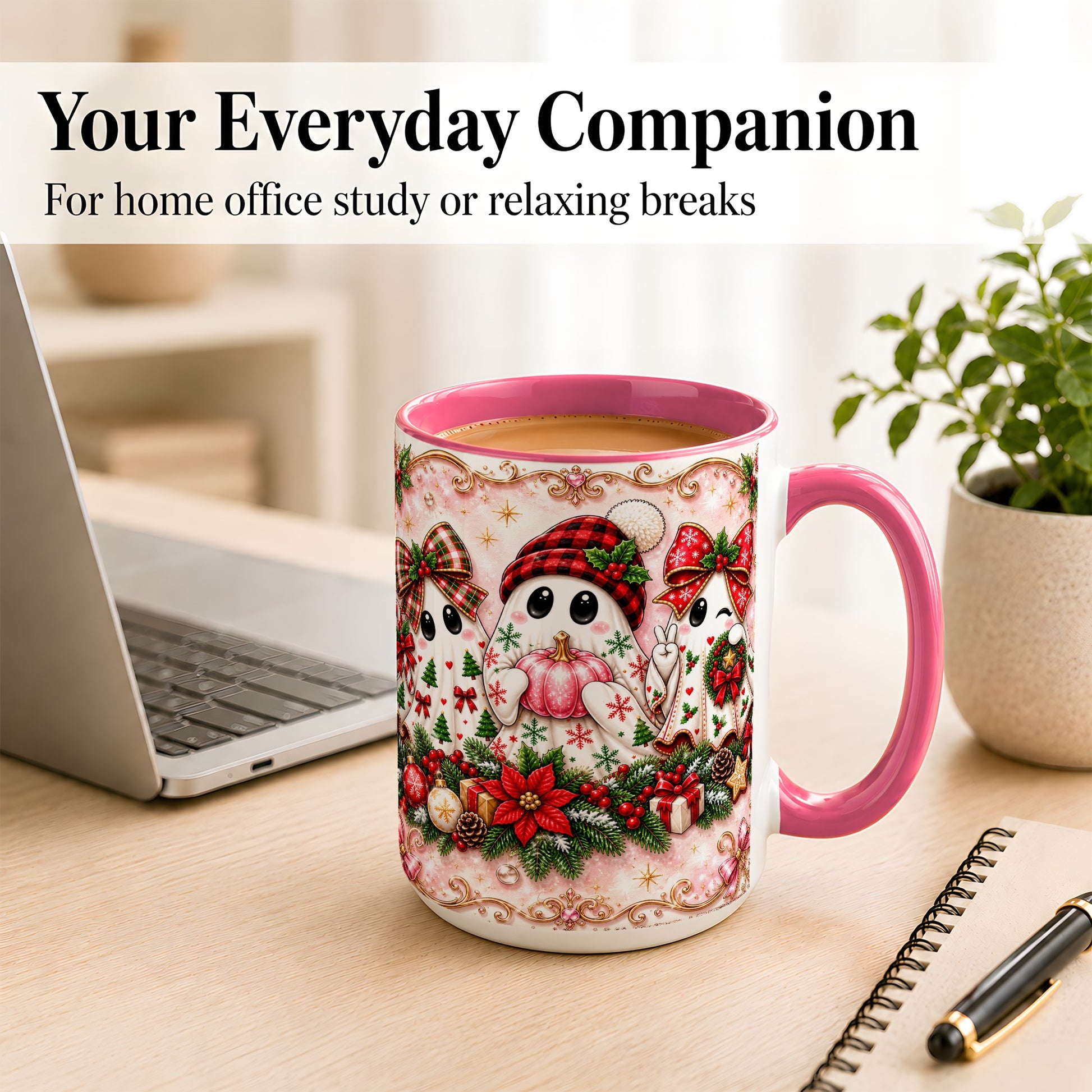 #pl[15oz|Pink] Pink Christmas Ghost Coffee Mug, Holiday Ghost Mug, Ceramic Cup
