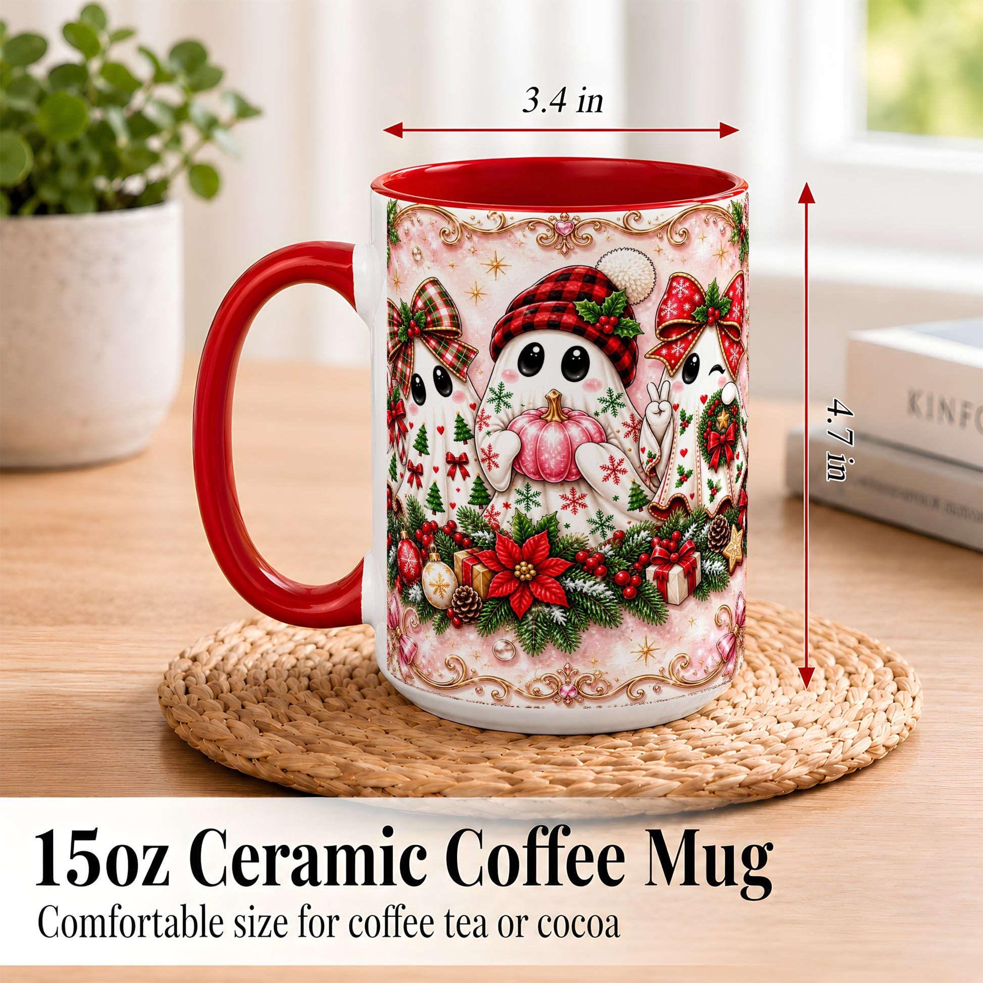 #pl[15oz|Red] Pink Christmas Ghost Coffee Mug, Holiday Ghost Mug, Ceramic Cup