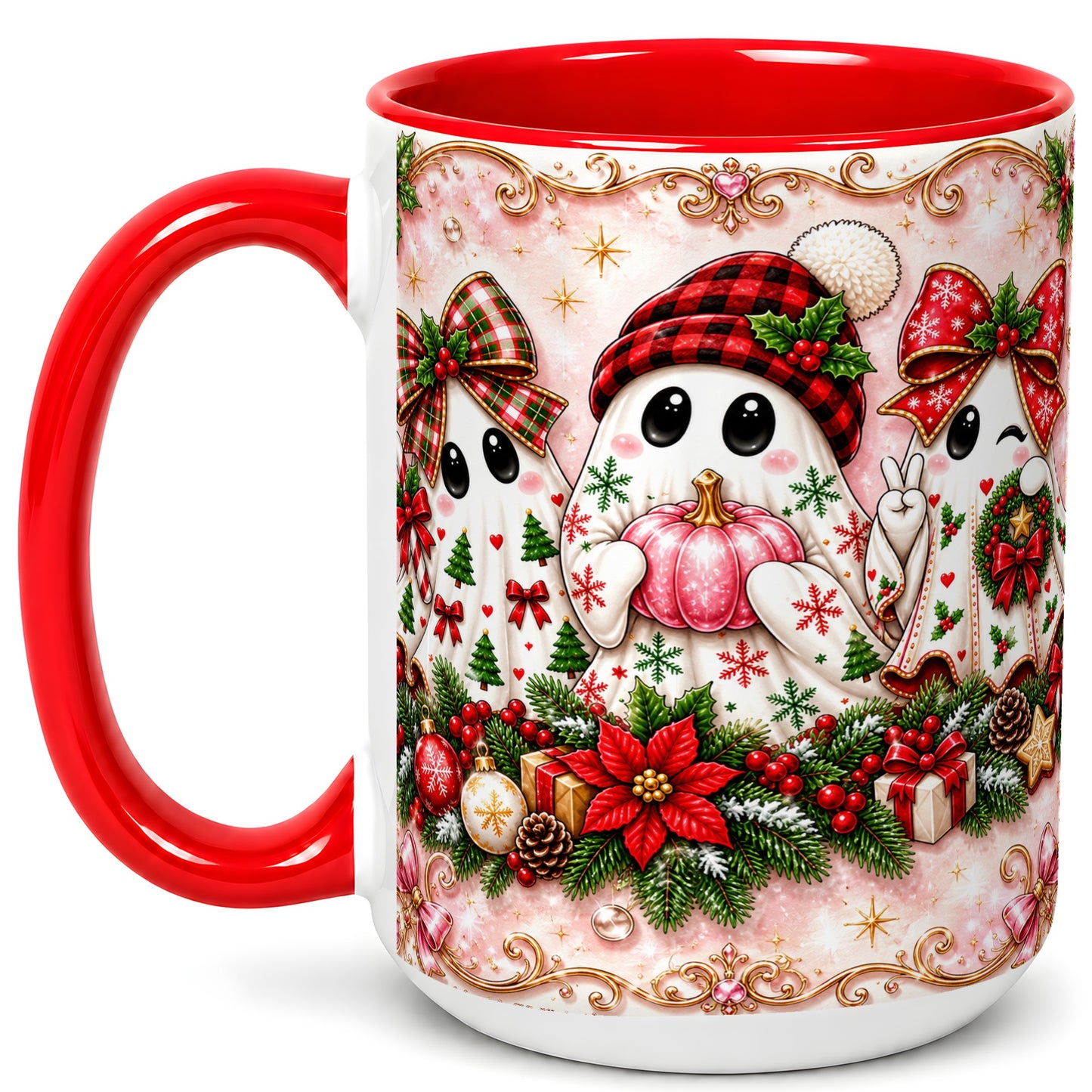 #pl[15oz|Red] Pink Christmas Ghost Coffee Mug, Holiday Ghost Mug, Ceramic Cup