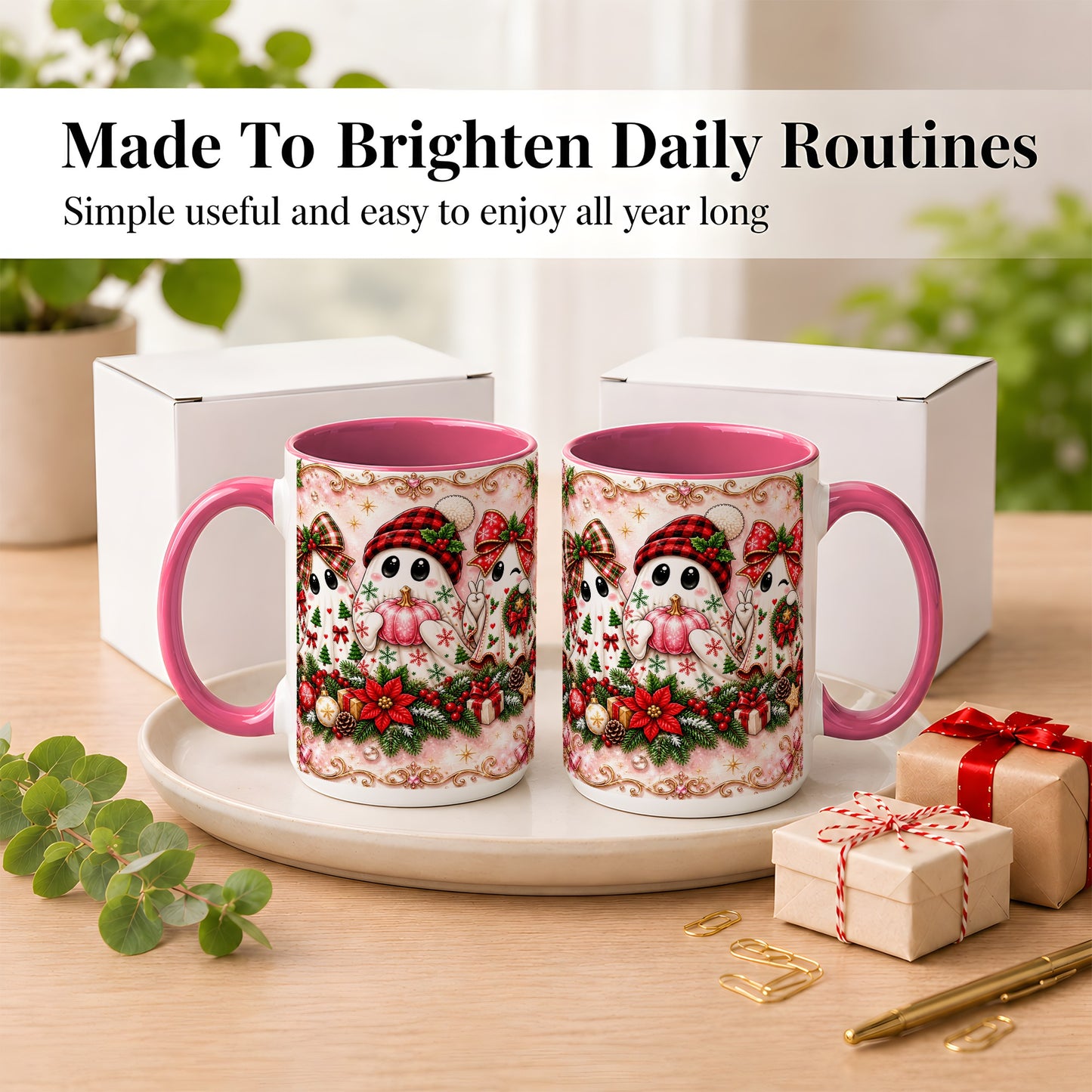 #pl[15oz|Pink] Pink Christmas Ghost Coffee Mug, Holiday Ghost Mug, Ceramic Cup