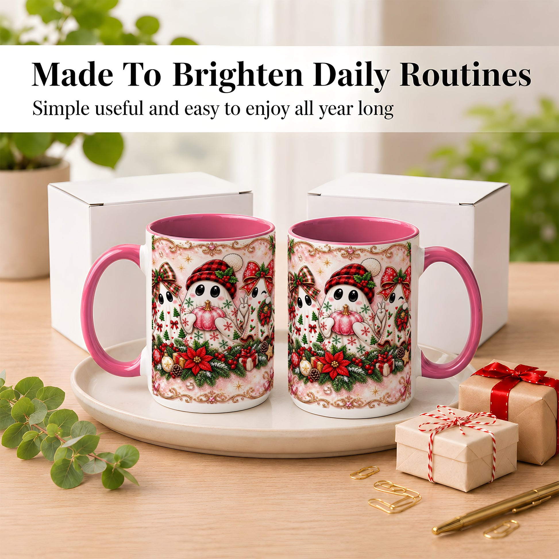 #pl[15oz|Pink] Pink Christmas Ghost Coffee Mug, Holiday Ghost Mug, Ceramic Cup