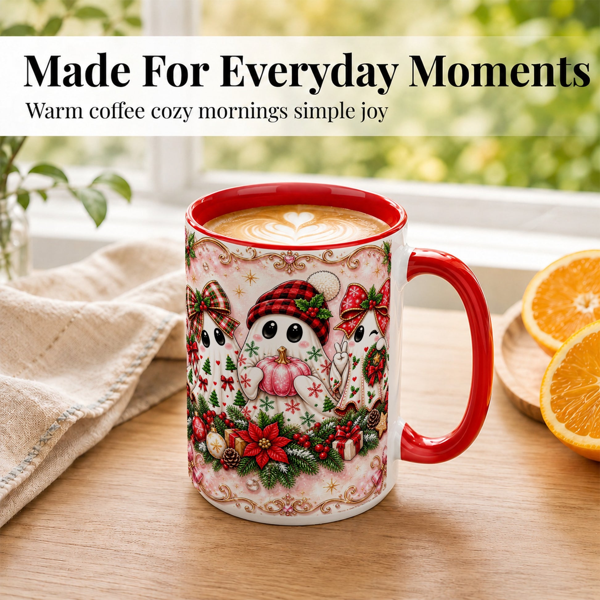 #pl[15oz|Red] Pink Christmas Ghost Coffee Mug, Holiday Ghost Mug, Ceramic Cup